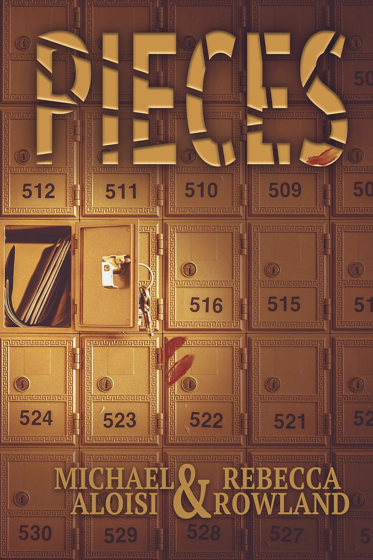 A wall of gold-colored mailboxes with numbers and a lock on each. Some mailboxes are open, showing mail and a small lock and key. Overlaid text reads 'The' and names 'Michael & Rebecca Aloisi & Rowland'.