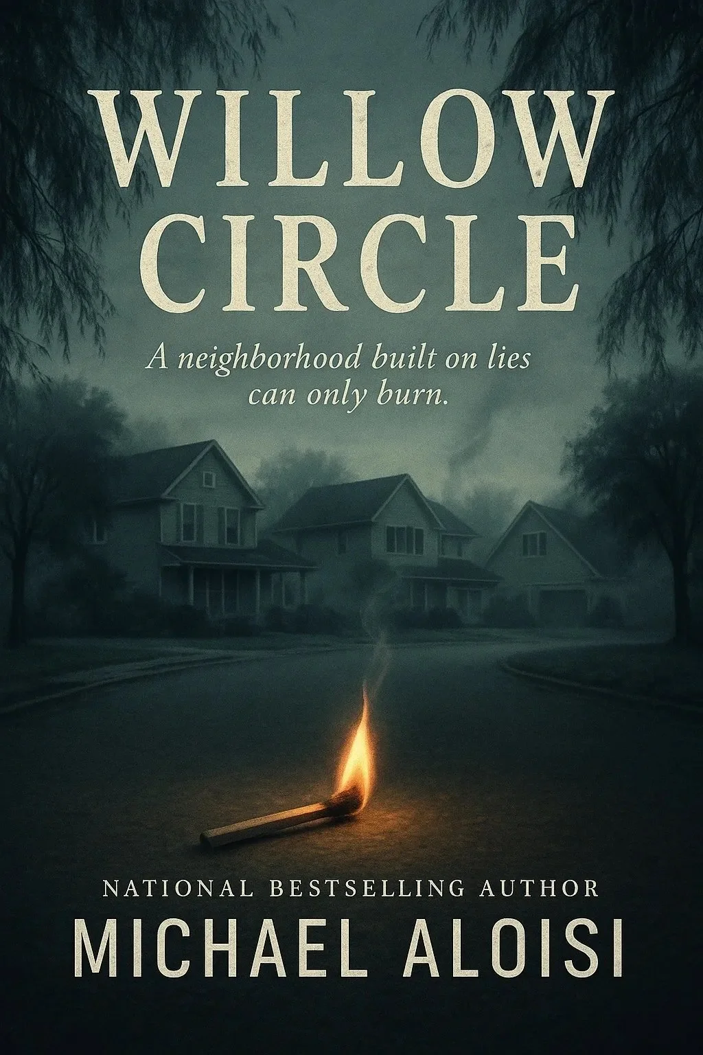 Book cover for "Willow Circle" by Michael Aloisi, showing a dark, stormy neighborhood with houses, trees, and a burning matchstick on the street.