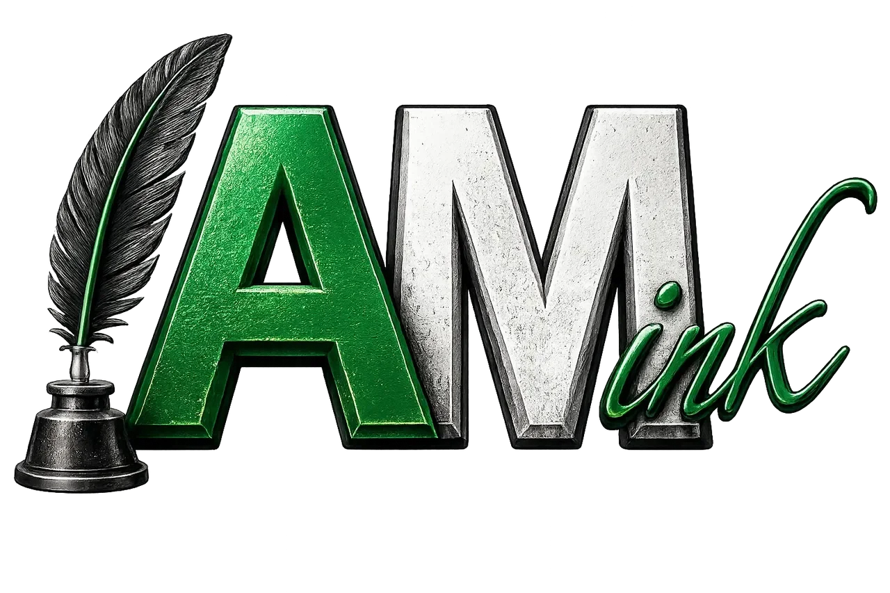 Text reading 'AM' with a green 'A' and silver 'M'. The word 'uck' in green cursive overlaps the bottom of the 'M', spelling 'Amuck'. A black feather quill with a silver base stands to the left of the text.
