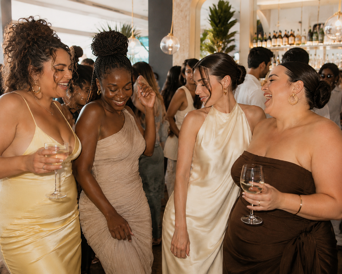Four women in elegant dresses laughing and dancing with drinks at a party or celebration event, with others in the background.