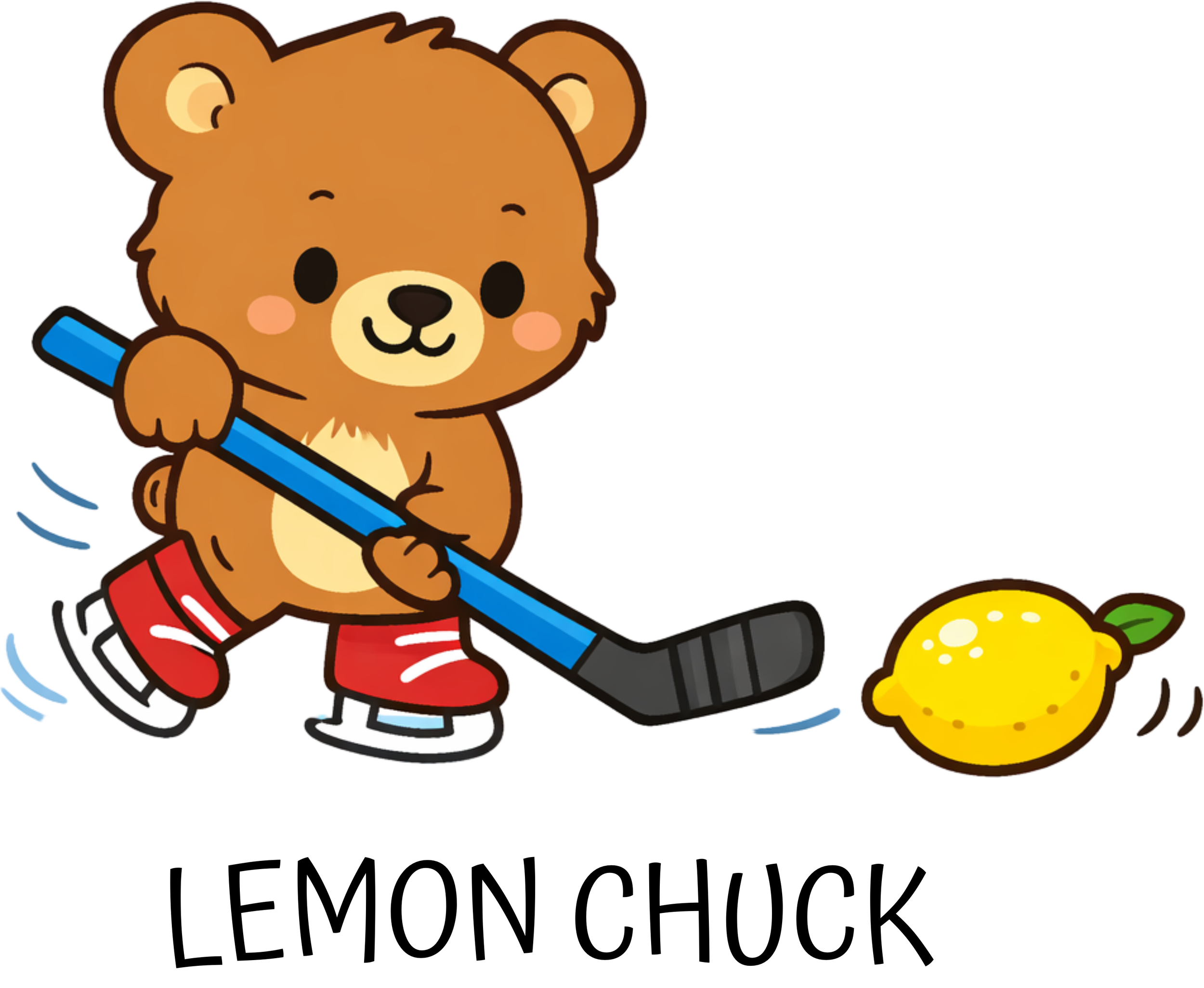 Cute cartoon bear holding a hockey stick next to a yellow puck with green accents on an ice rink.