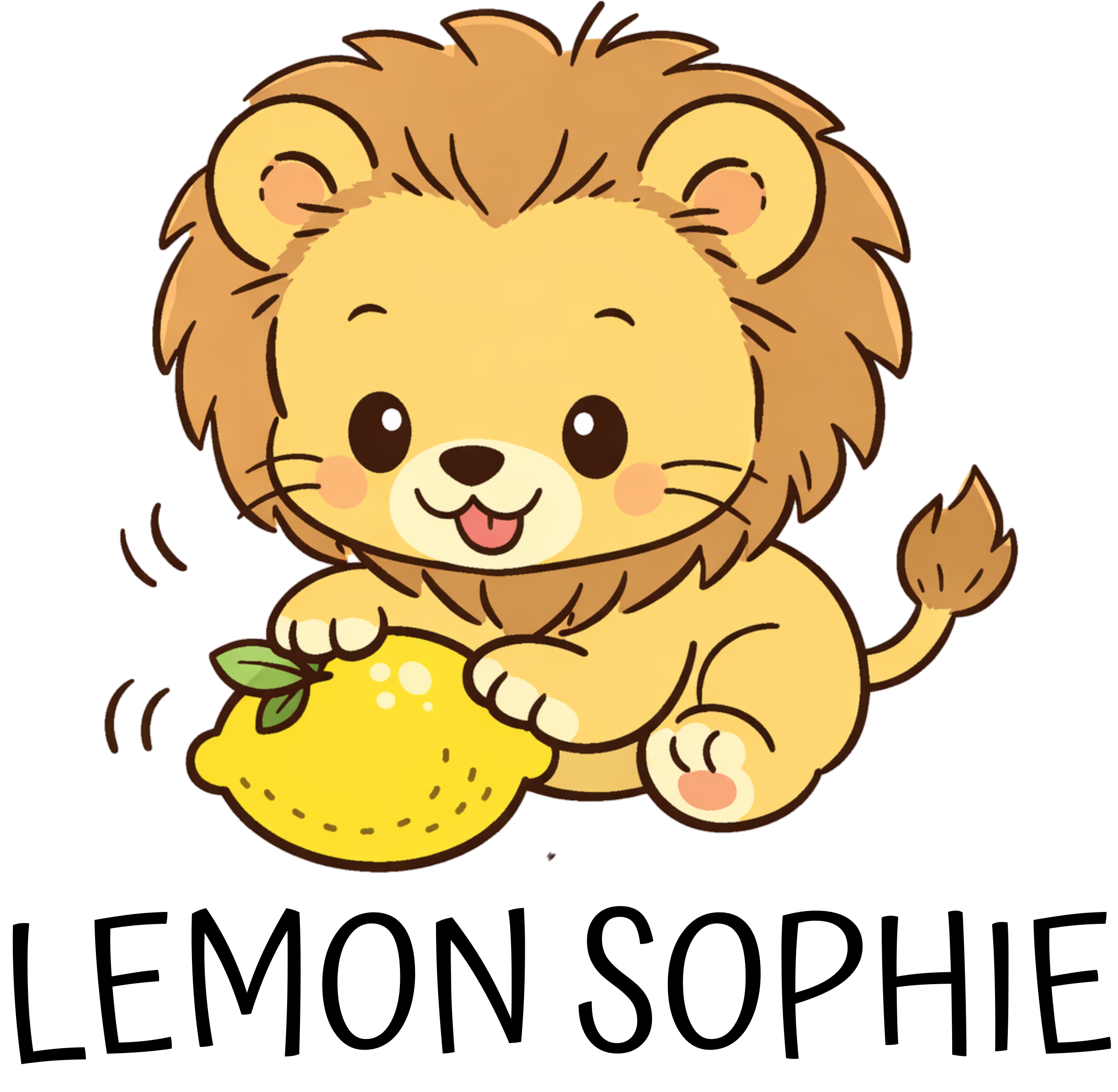 Cute cartoon lion cub with large black eyes, small nose, pink tongue, sitting and holding a yellow lemon with green leaves.