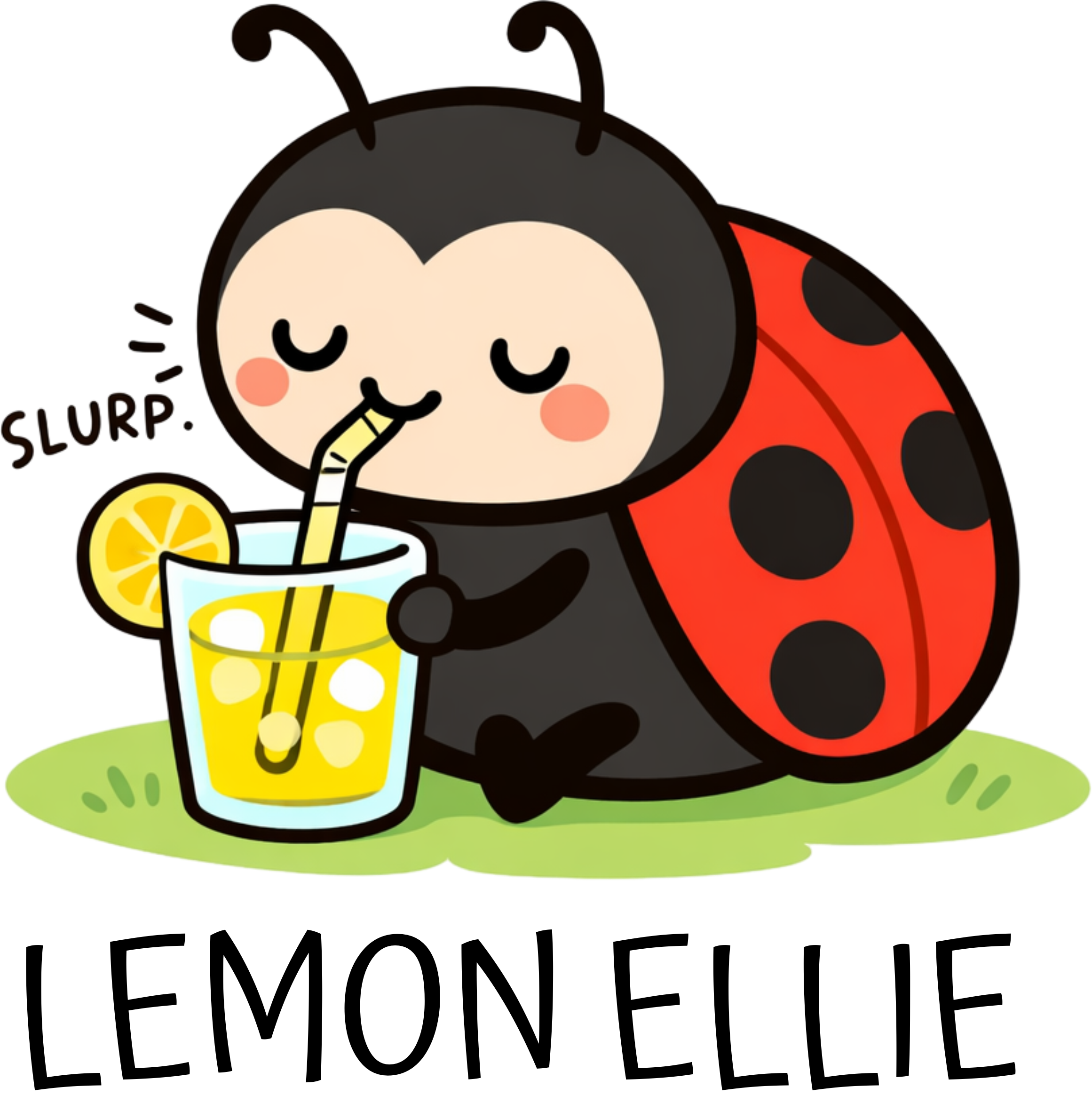 Cartoon of a ladybug drinking lemonade with a straw, holding a lemon slice, on a green surface.