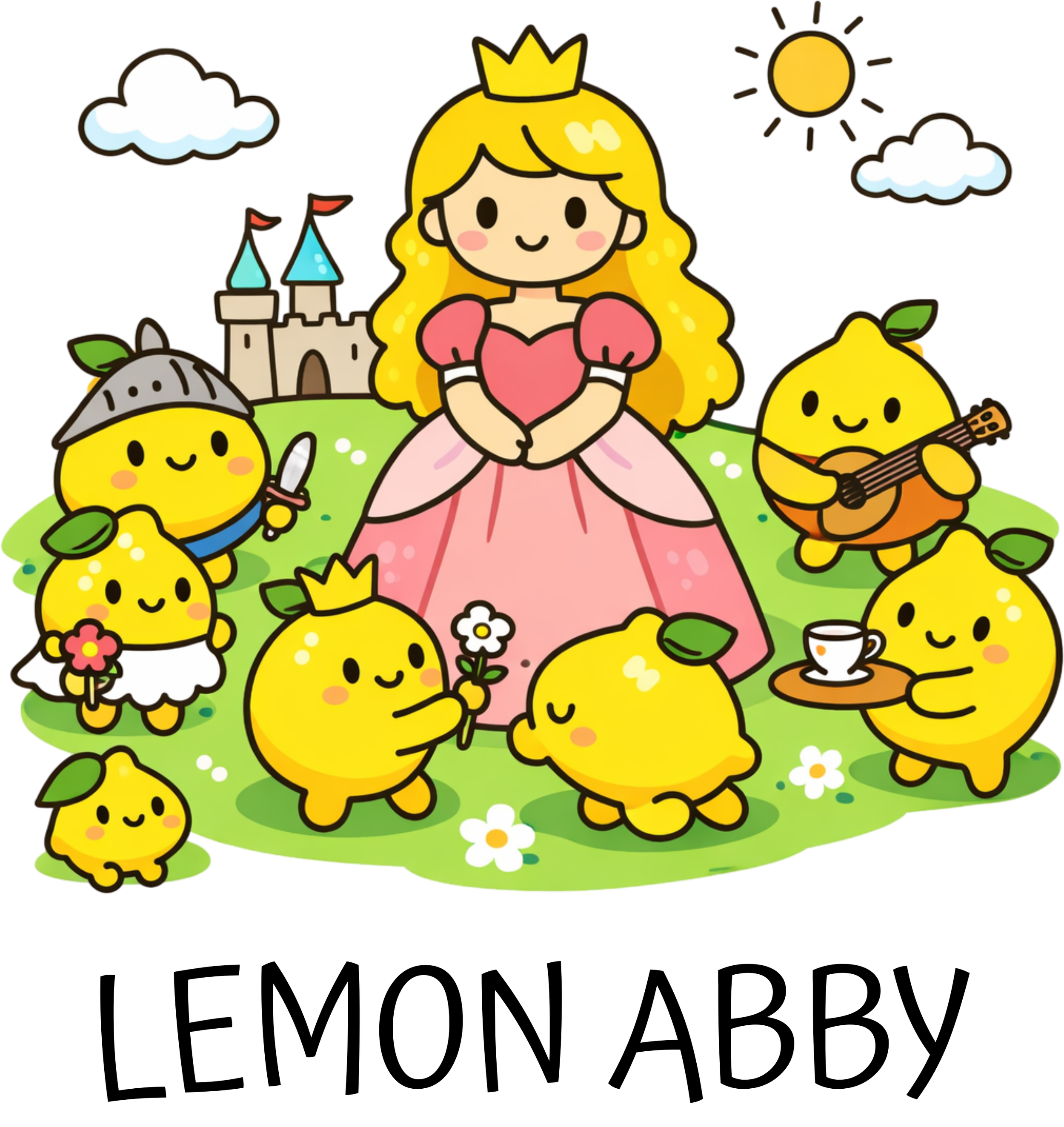 Cartoon illustration of a princess with long blonde hair, wearing a pink dress and a yellow crown, surrounded by cheerful lemons with faces, some holding flowers or playing instruments, a castle in the background, and a bright yellow sun and clouds in the sky.