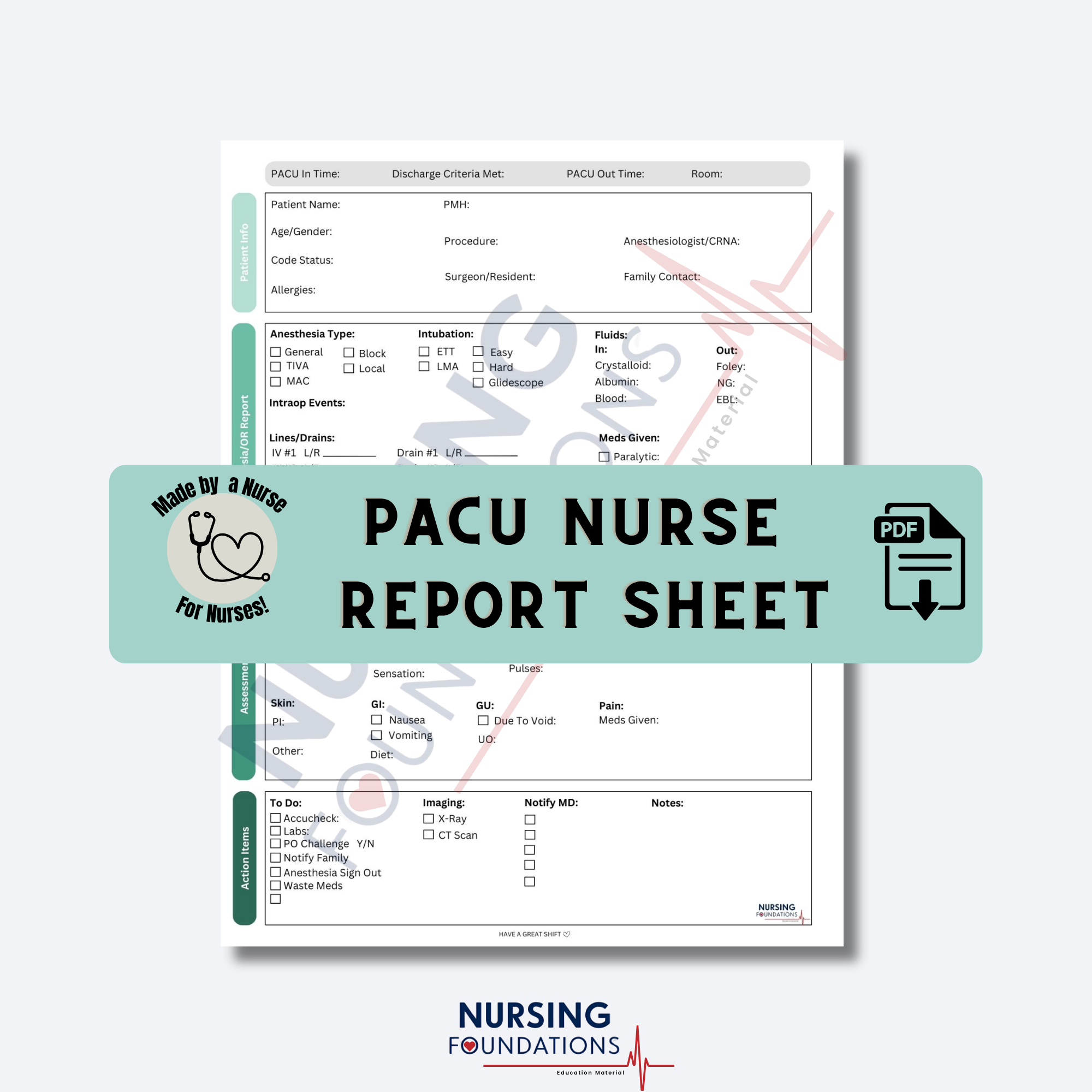 PACU Nurse Report Sheet
