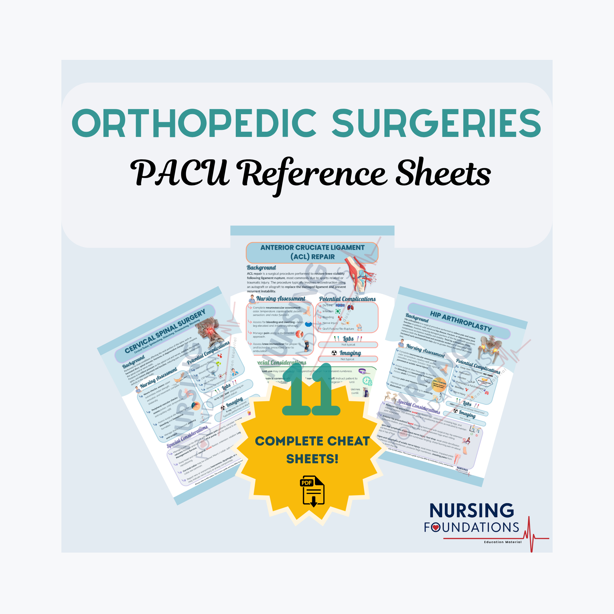PACU Orthopedic Surgery Reference Sheets: Downloadable PDF