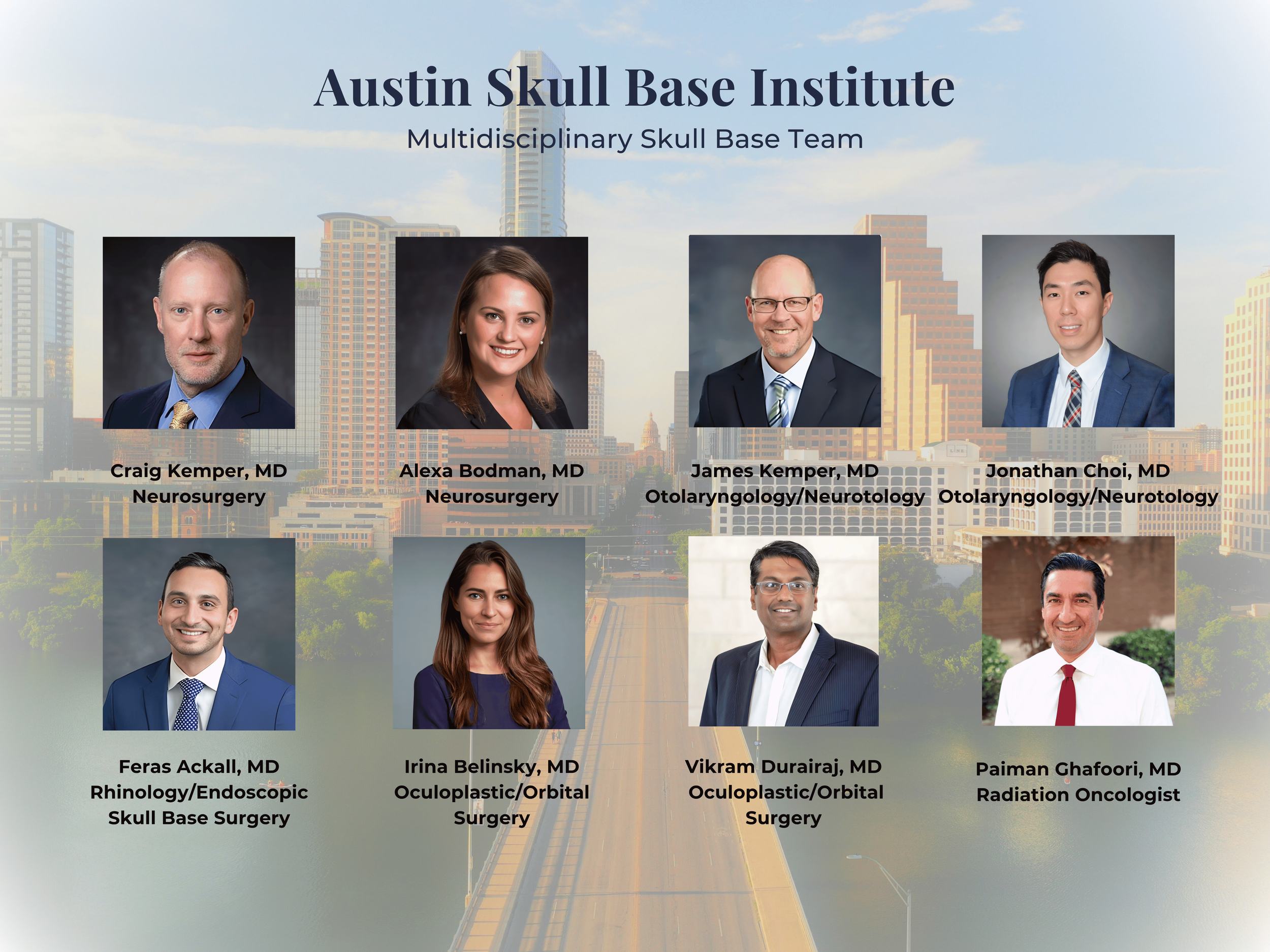 Group photo of eight doctors with background of cityscape, representing the Austin Skull Base Institute. The top row features four doctors, with their names and specialties listed: Craig Kemper, MD, Neurosurgery; Alexa Bodman, MD, Neurosurgery; James Kemper, MD, Otolaryngology/Neurotology; Jonathan Choi, MD, Otolaryngology/Neurotology. The bottom row shows four more doctors: Feras Ackall, MD, Rhinology/Endoscopic Skull Base Surgery; Irina Belinsky, MD, Oculoplastic/Orbital Surgery; Vikram Durairaj, MD, Oculoplastic/Orbital Surgery; Paiman Ghafoori, MD, Radiation Oncology.