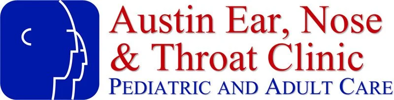 Logo for Austin Ear, Nose & Throat Clinic featuring a stylized human face outline in blue and red text indicating pediatric and adult care.