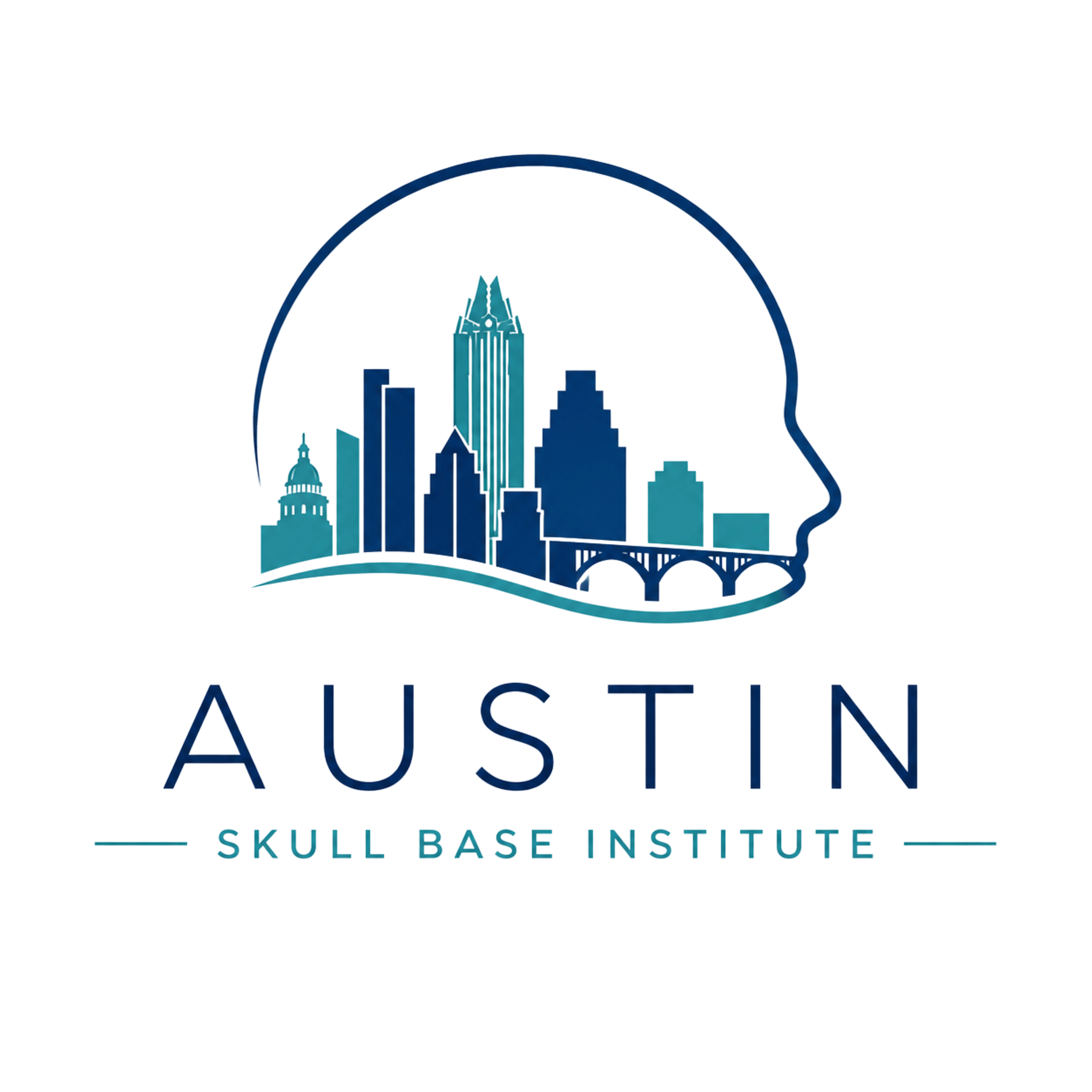 Logo of the Austin Skull Base Institute with skyline of Austin, Texas, including the Texas State Capitol and city buildings, inside a stylized human head outline.