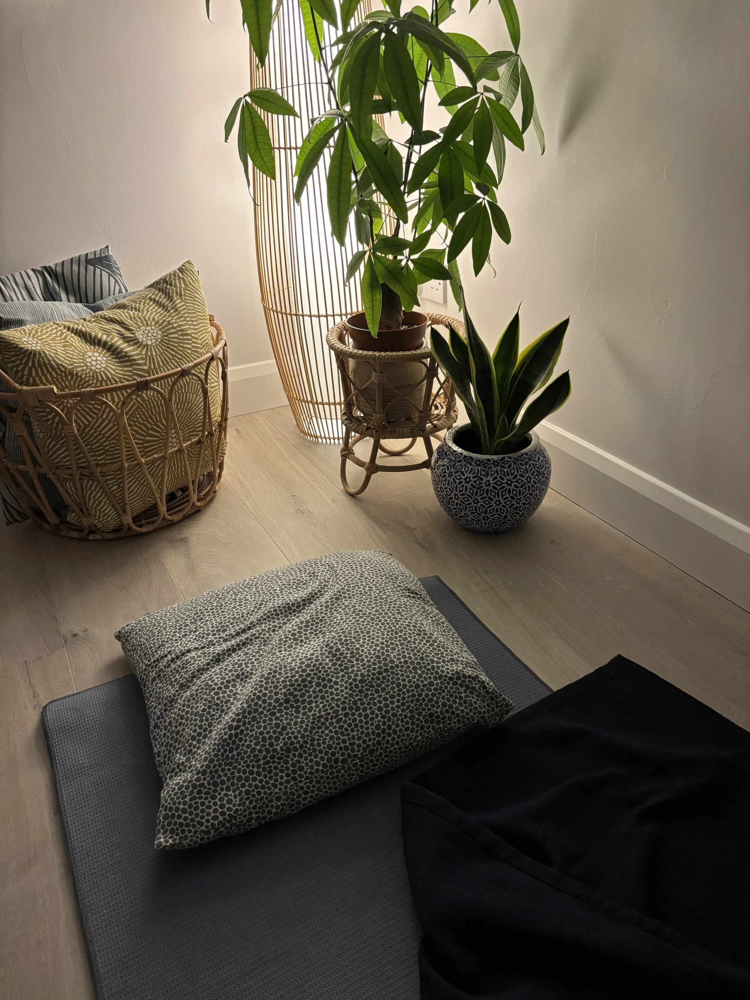 A softly lit home practice space with a glowing lamp, plants, cushions and a yoga mat set up with blankets for an online yoga nidra class.