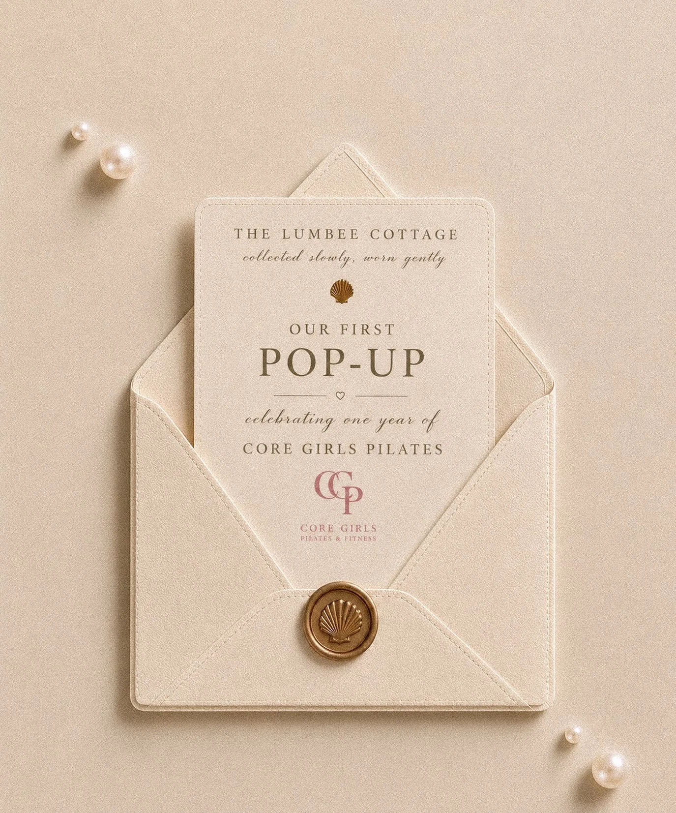 A little note to a friend,

This Saturday, we&rsquo;re packing up The Cottage and celebrating one year of Core Girls Pilates. 

If you&rsquo;ve been wanting to see the Dainty Pearl Collection in person, this is your invitation. Come browse, try on yo