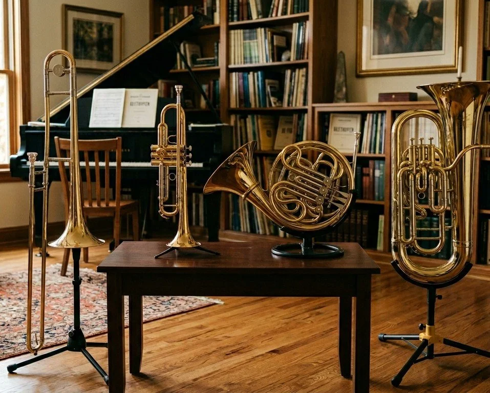 A trumpet, trombone, French horn and baritone are presented on stands for a student to try