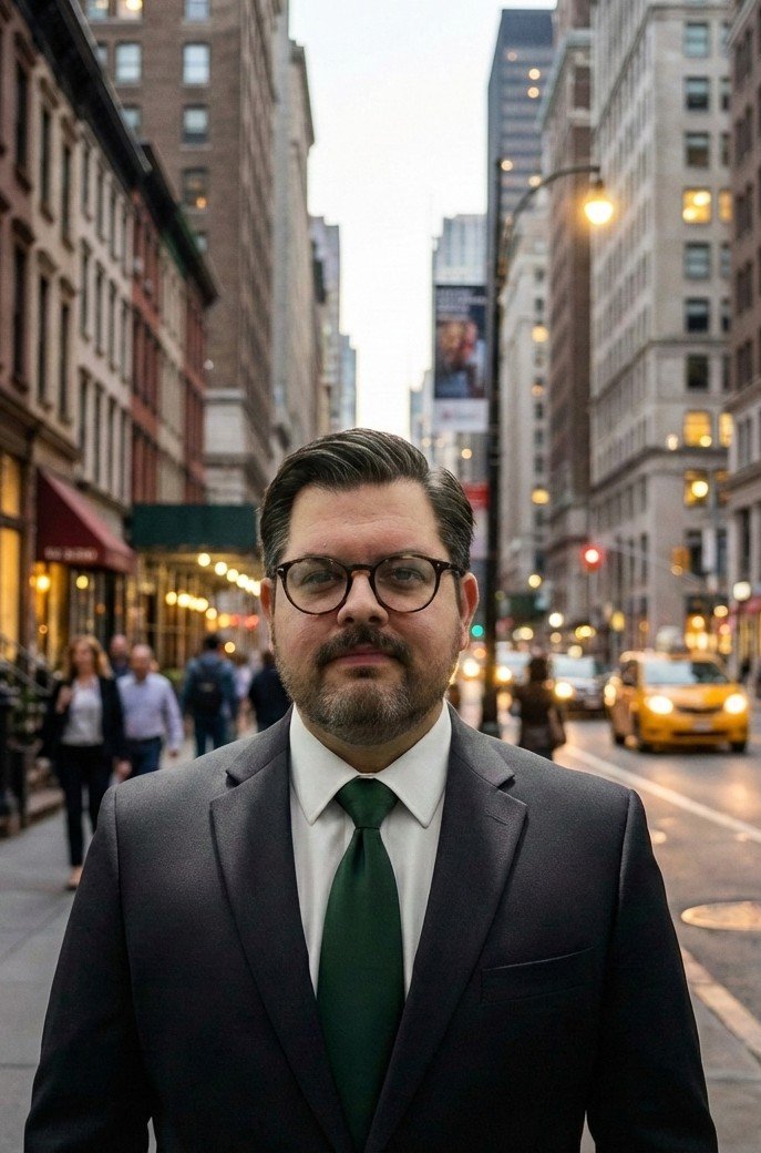 Craig Beattie standing in the streets of NYC wearing glasses and signature green tie