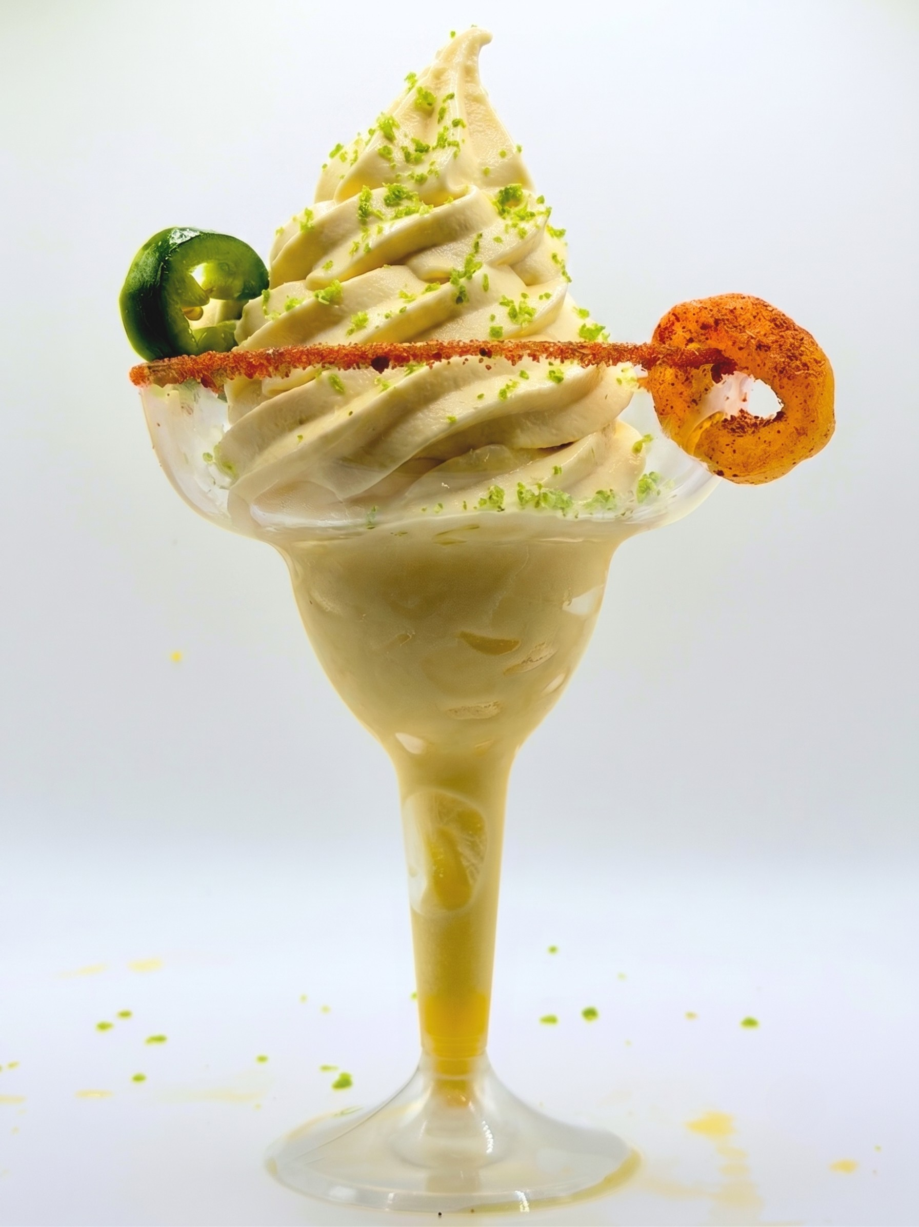 Spicy pineapple soft-serve margarita in a margarita glass with a tajin rim and a jalepeno slice garnish.