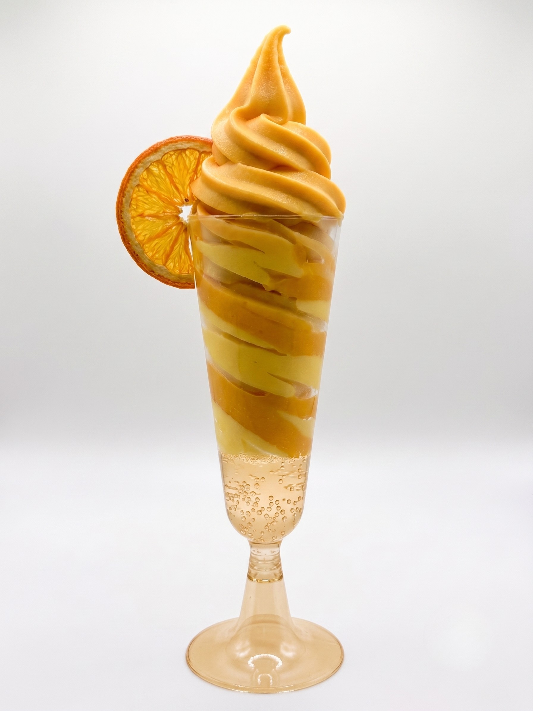 Orange soft-serve mimosa in a mimosa glass atop champagne.