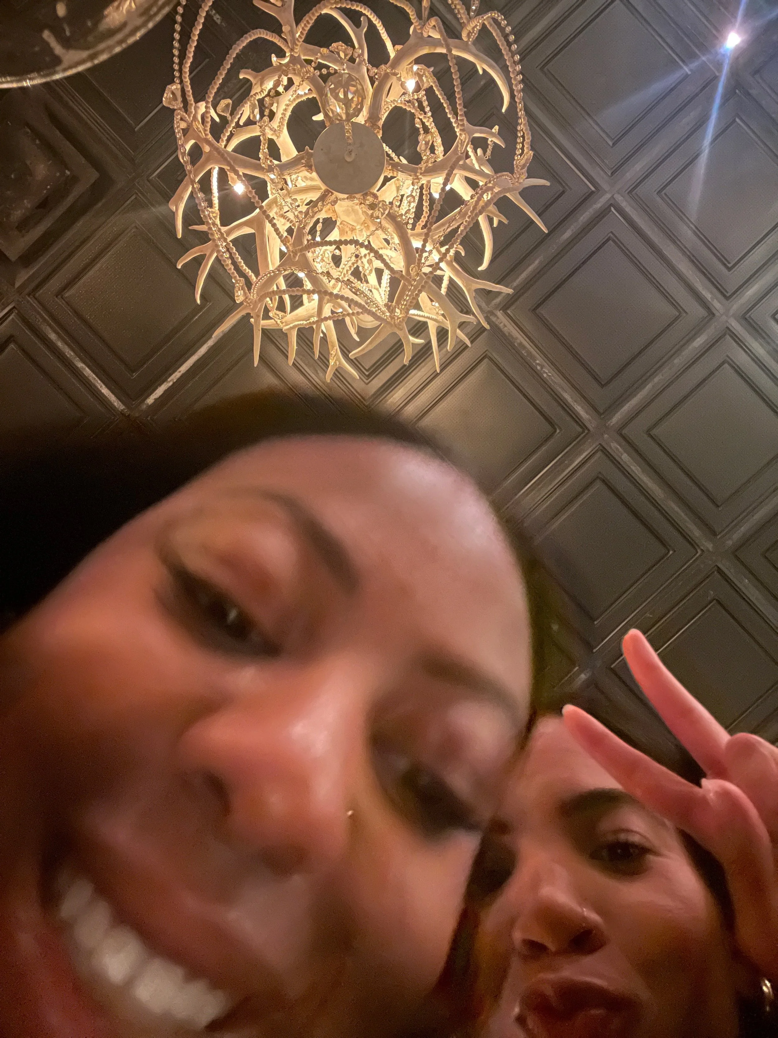 A person with dark hair and medium skin tone making a peace sign with their hand. Part of their face is visible, with a focus on their eye, nose, and mouth. The background features an ornate chandelier made of antlers and beads hanging from a decorated ceiling with a dark color.