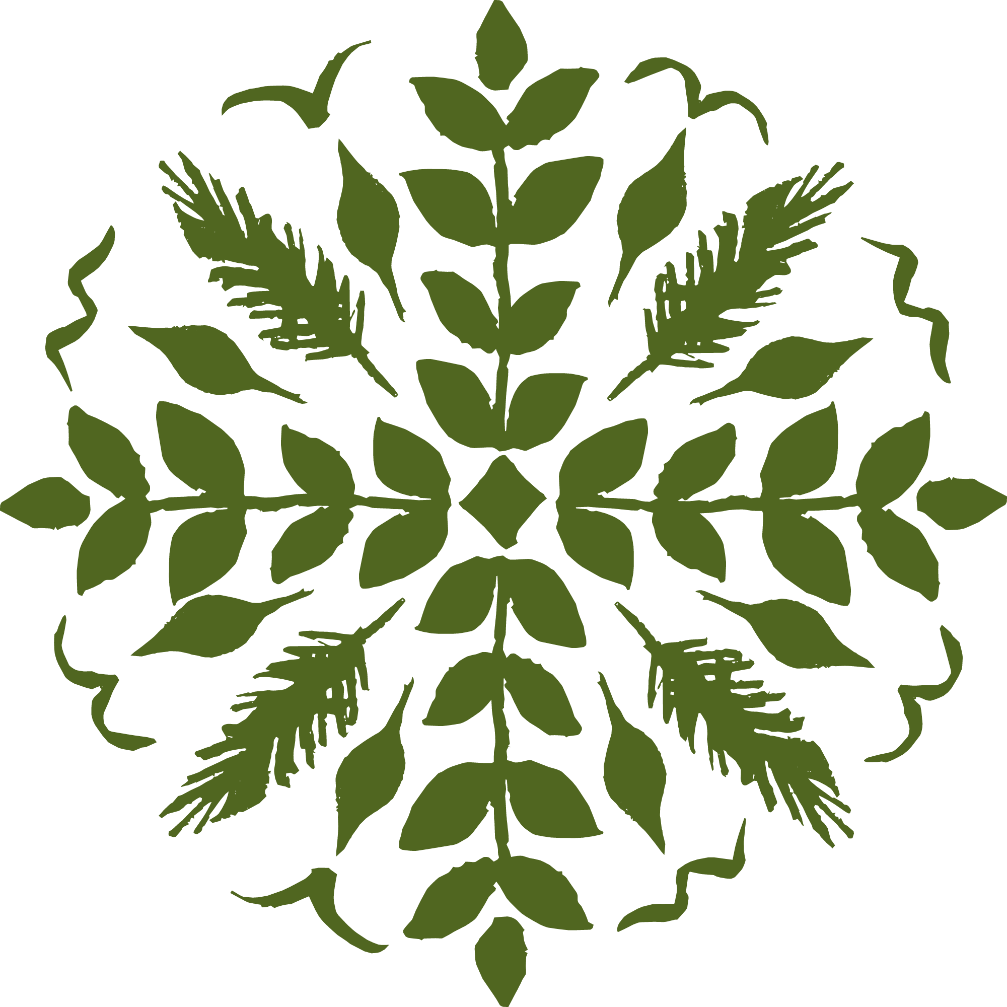 A decorative green mandala design with symmetrical patterns of leaves.