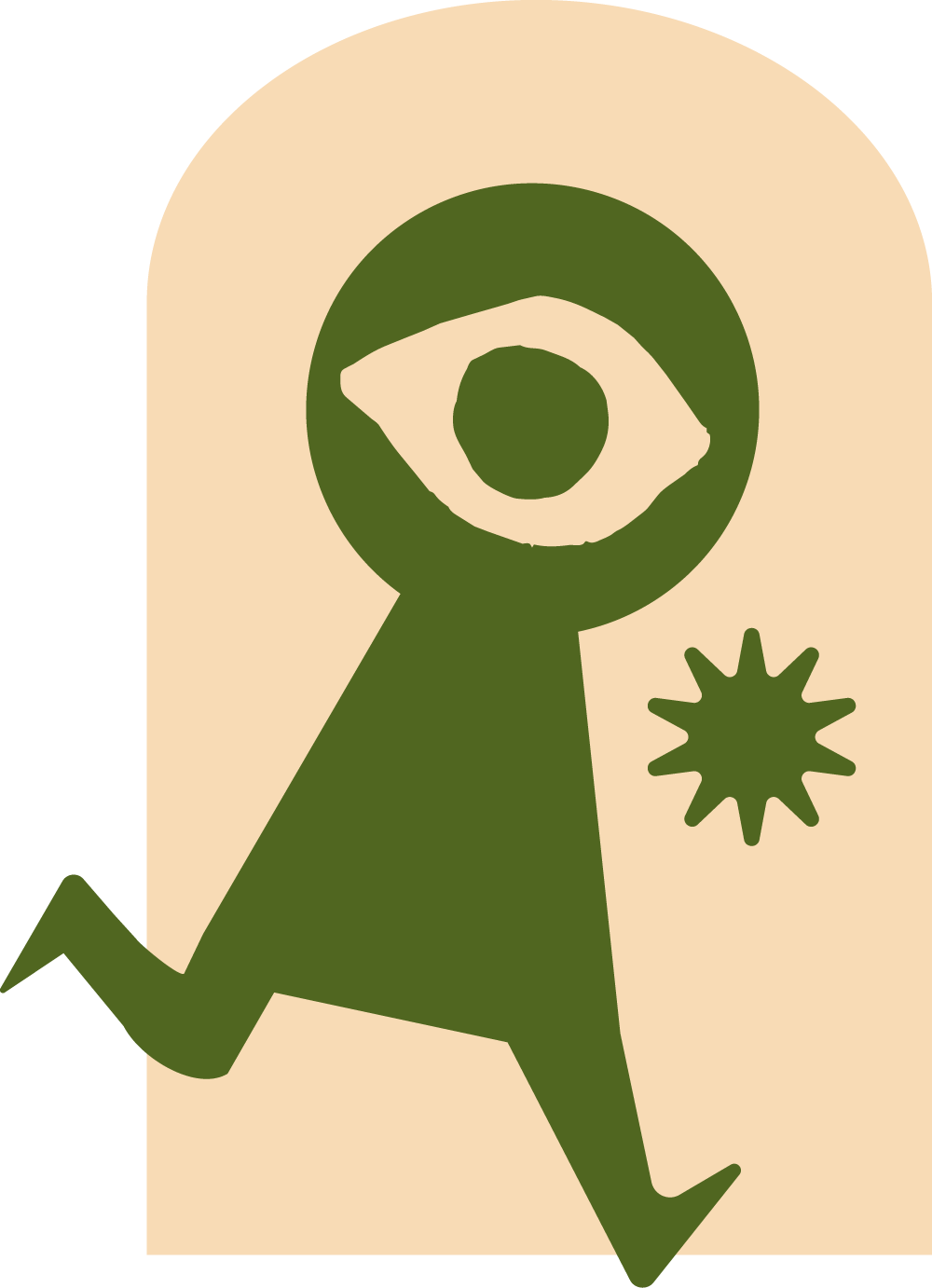 Abstract illustration of a person running in dark green on a beige background with rounded corners.