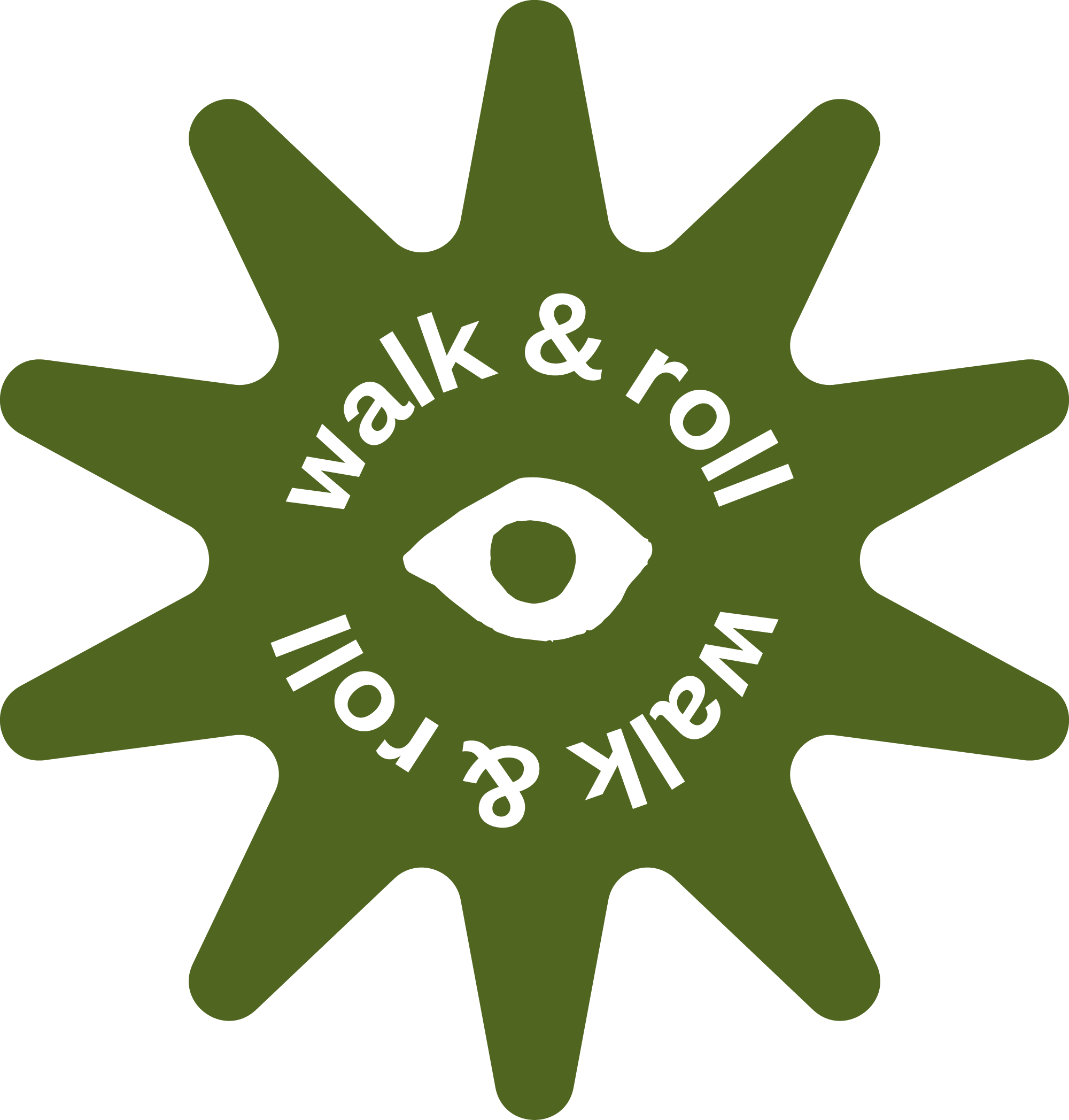 Green star-shaped icon with an eye in the centre and the text "Walk & Roll" curving inside the star.