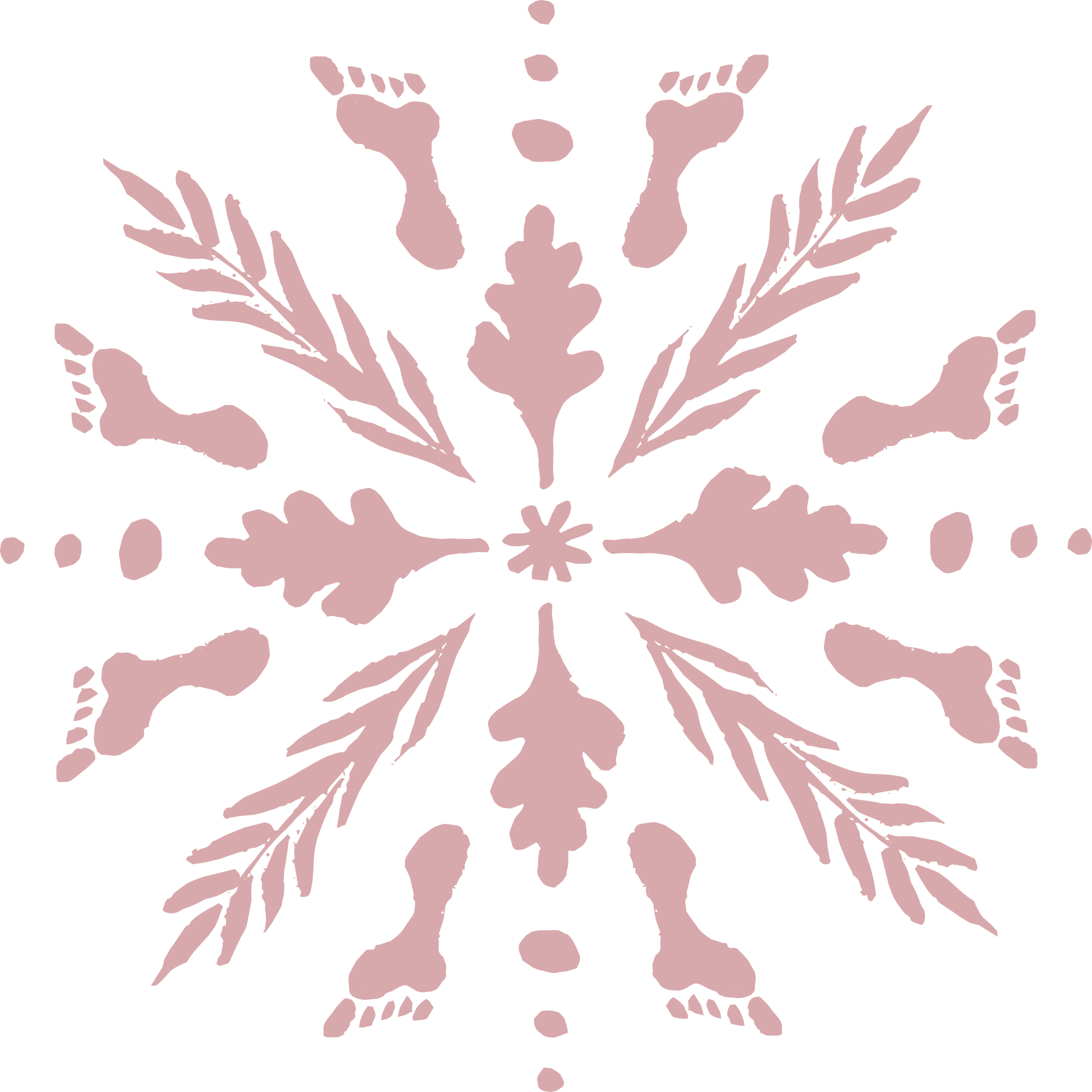 A decorative pink mandala design with symmetrical patterns of feet, leaves, petals, and branches.