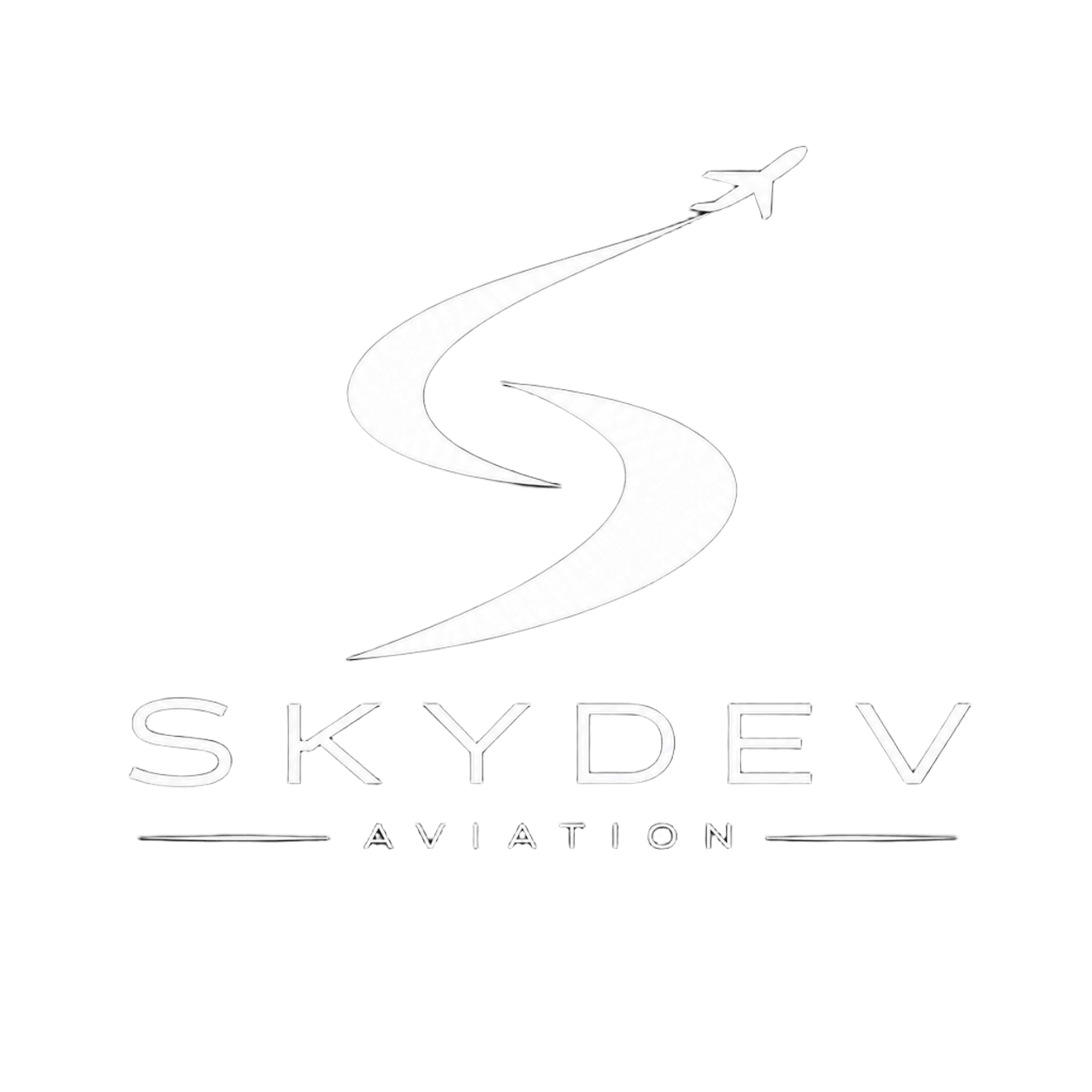 Logo d'une compagnie aérienne, représentant un avion blanc en vol sur une traînée blanche courbée avec un fond noir, avec le texte 'SKYDEV AVIATION' en dessous.