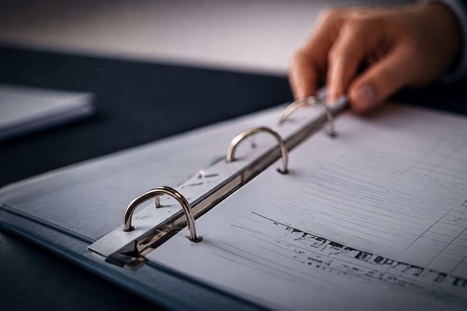 Une main tourne une page d'un classeur ou d'un dossier contenant des documents ou des plans.