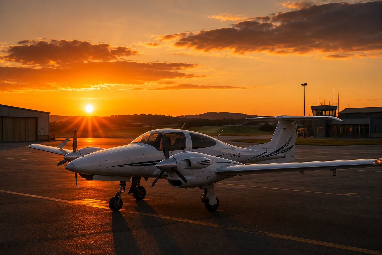 Un avion blanc sur un tarmac à l'aube avec un ciel orange et des nuages, un bâtiment et une tour de contrôle en arrière-plan.