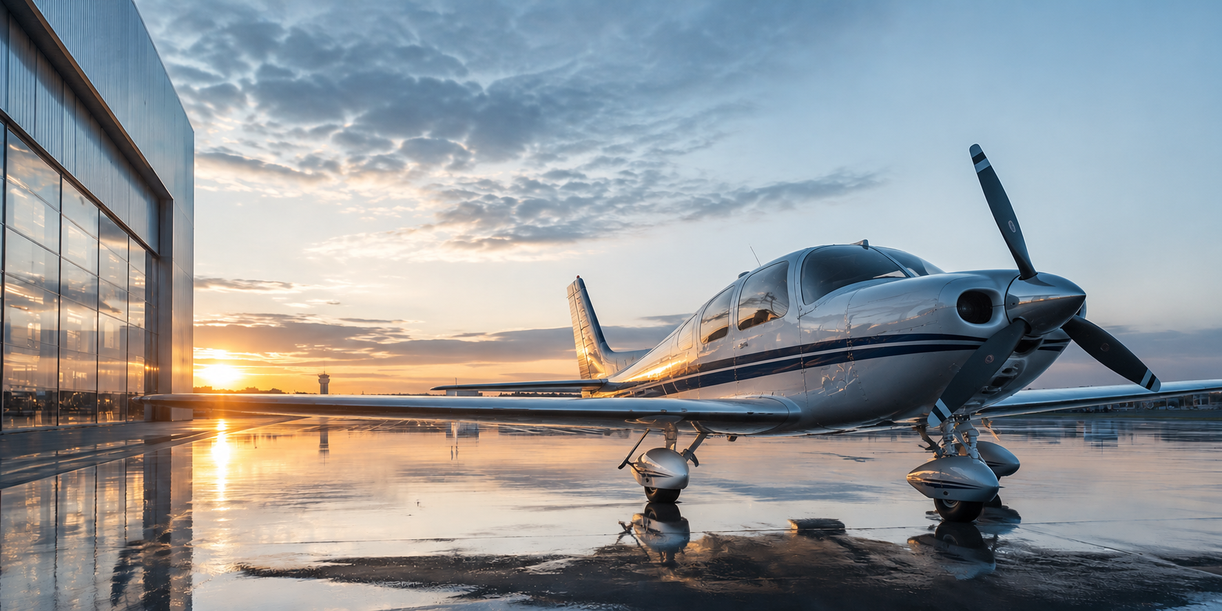 Avion de tourisme stationné près d'un hangar avec un coucher de soleil en arrière-plan.