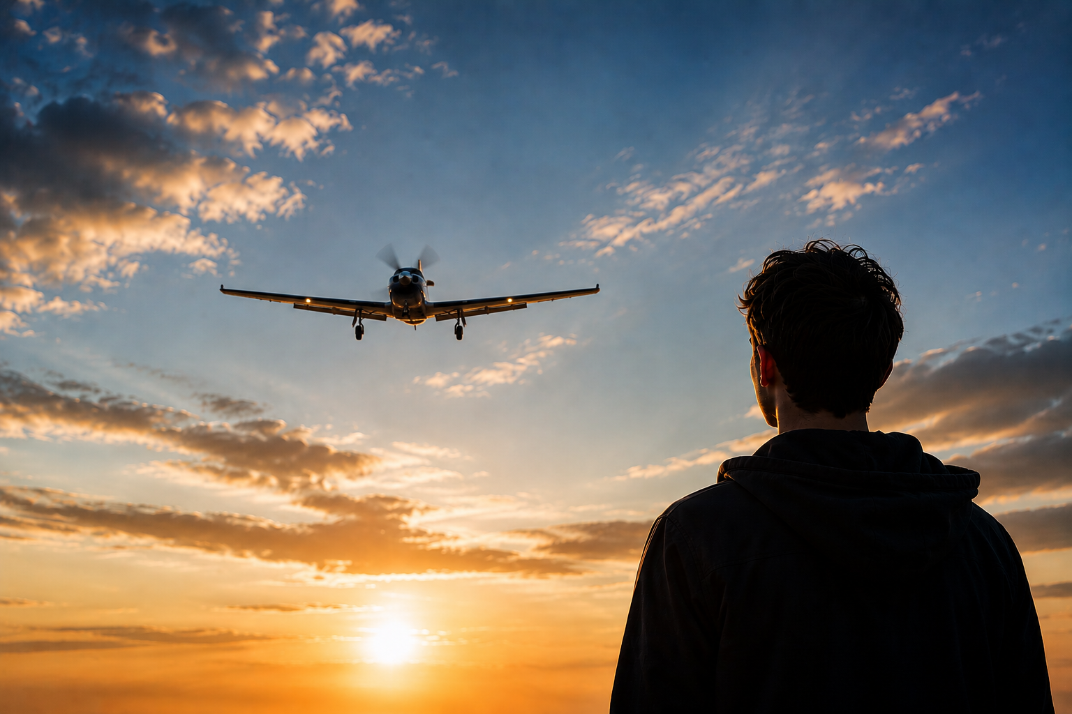 Un homme regarde un avion qui approche pendant un coucher de soleil.
