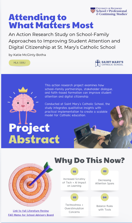 Poster for a university research study titled "Attending to What Matters Most" with a subtitle about improving student attention and digital citizenship at St. Mary's Catholic School. Includes a cartoon brain with a crown, a girl using a laptop, a target with a dart, and logos of the University of Richmond and Saint Mary's Catholic School.