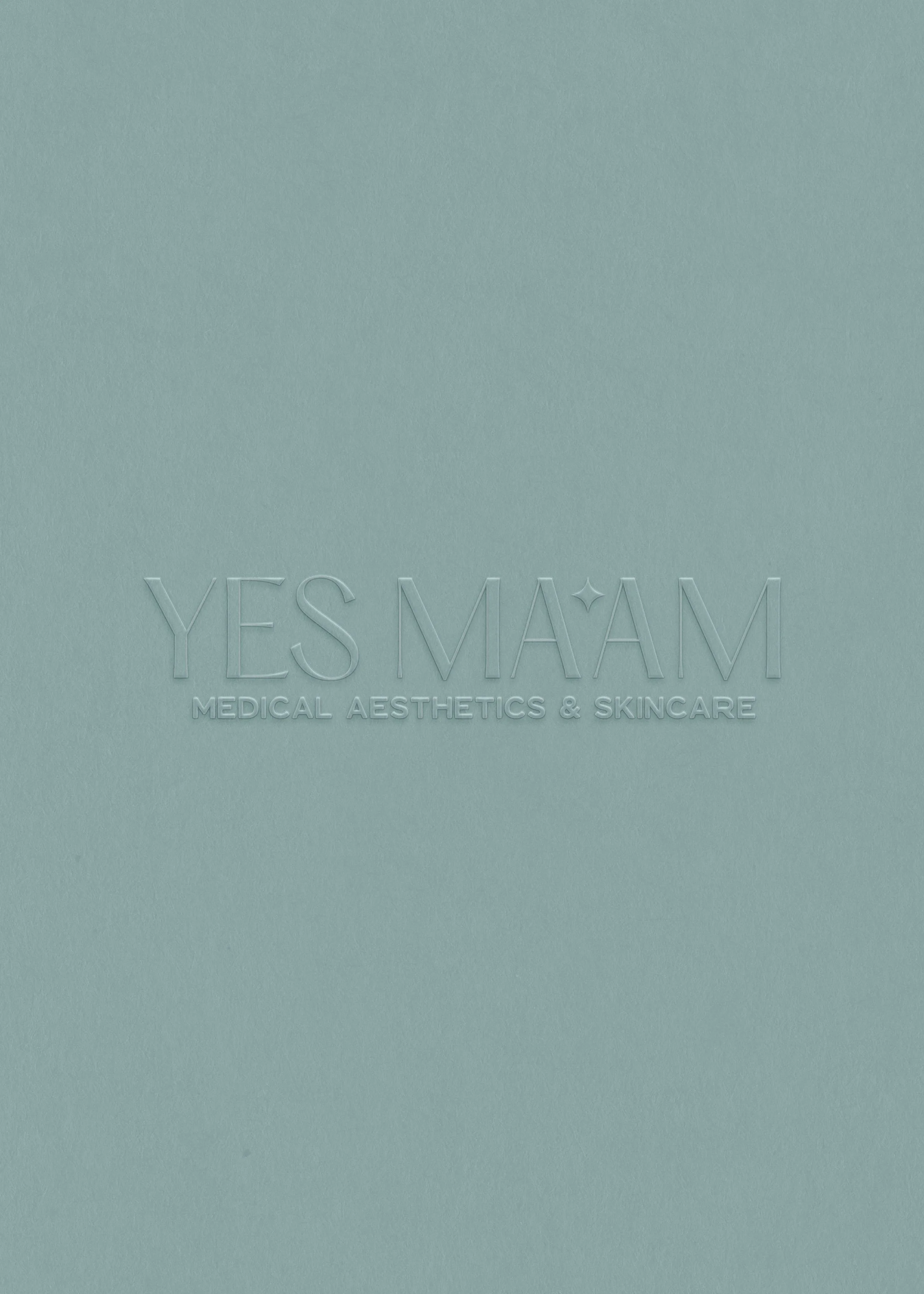 Embossed text on a light teal background reads "YES WAY MEDICAL AESTHETICS & SKINCARE."