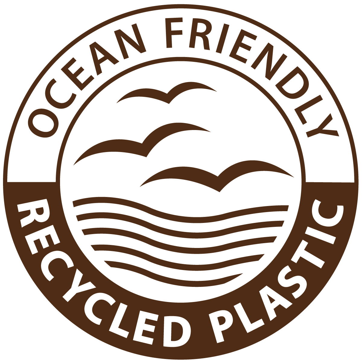 Seal with the words "Ocean Friendly Recycling Recycled Plastic" encircling stylized waves and birds.