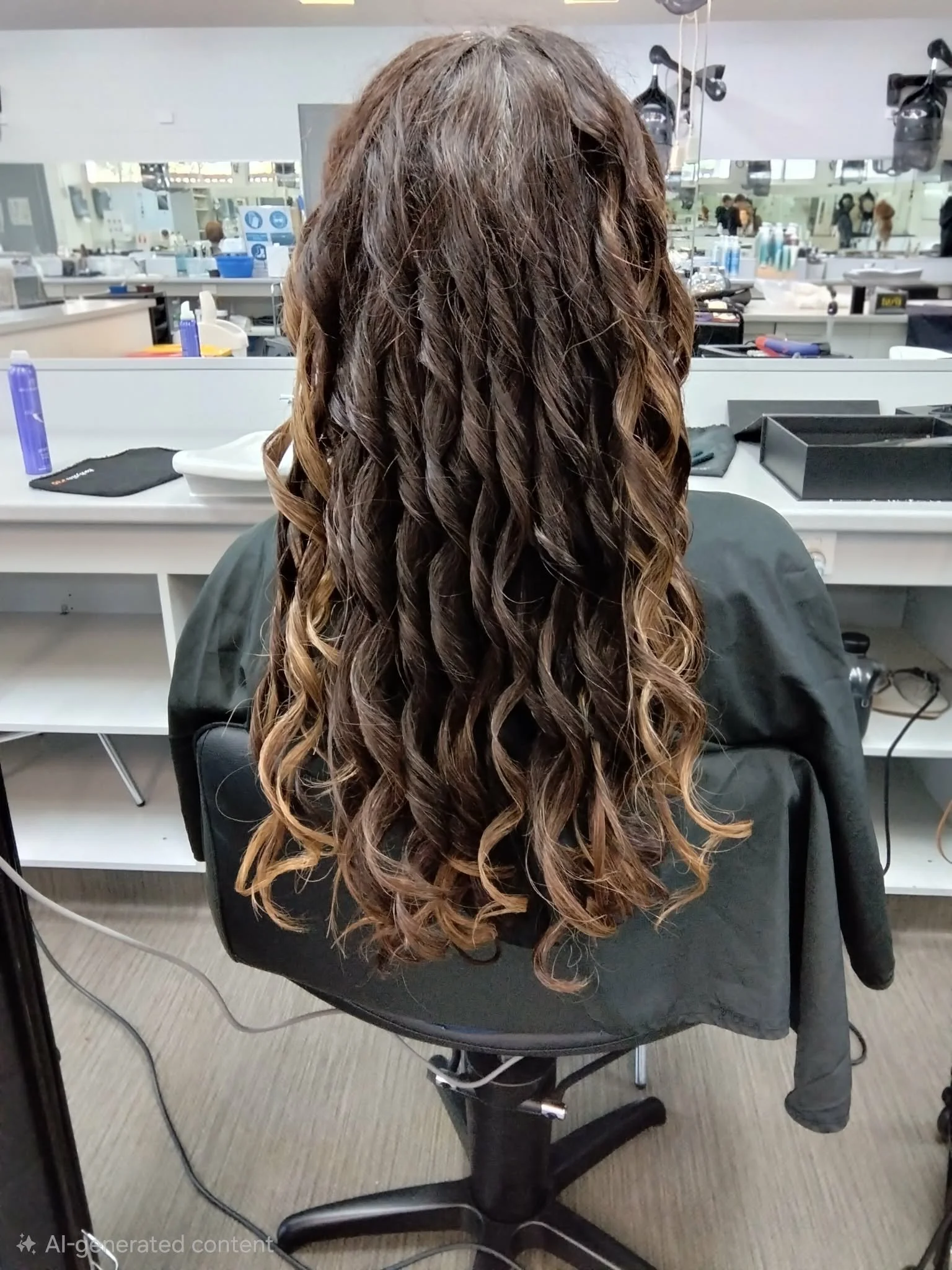 long curls styling woman sitting in hairdresser chair 