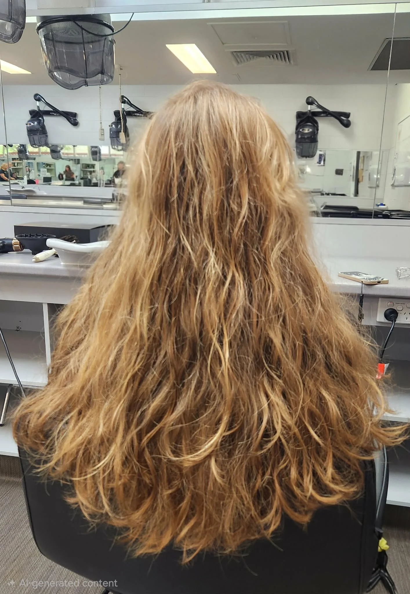 back of woman sitting in hairdressers chair 