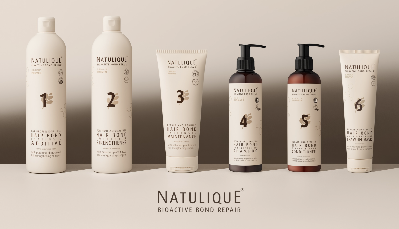 Linking to a line of Natulique hair care and repair products, including bottles and tubes labeled with numbers 1 to 6, set against a beige background with the Natulique logo and 'Bioactive Bond Repair' text.