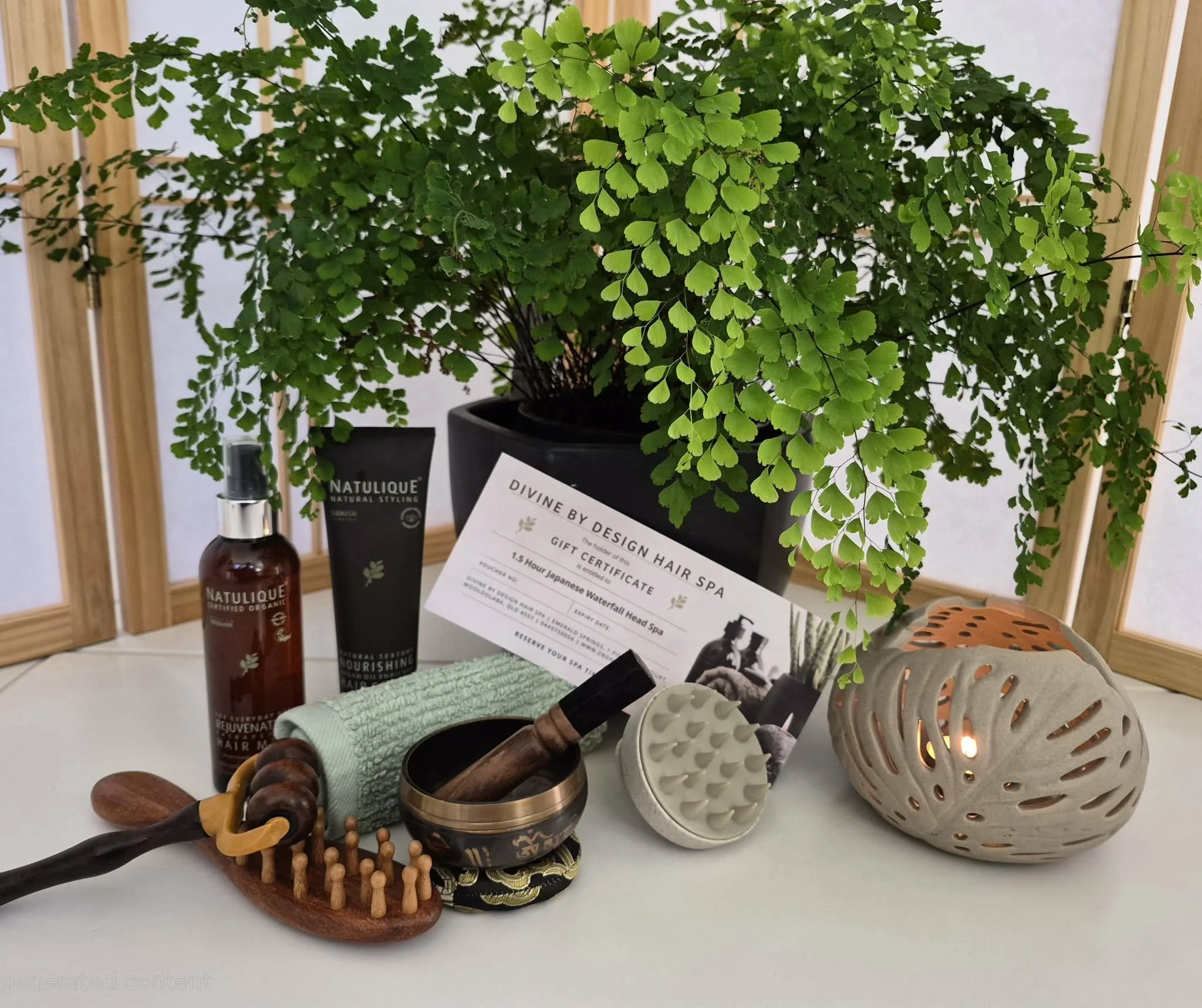 A lush green fern in a pot on a table surrounded by wellness and spa items including bottles, a candle, a wooden massage roller, a towel, and decorative objects. There is a wooden frame in the background.