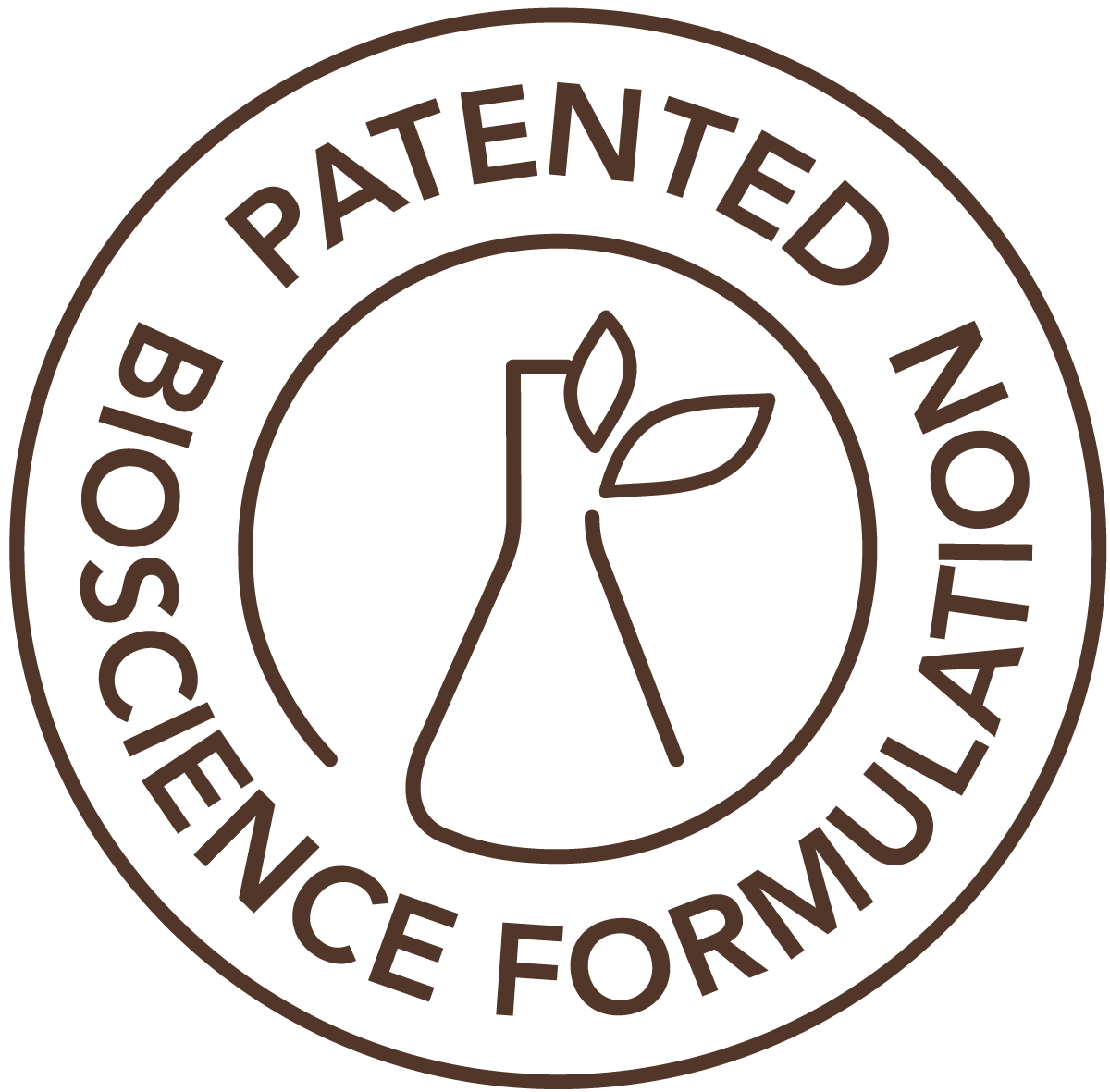 Bioscience-inspired logo with a stylized leaf and test tube inside a circular border containing the text 'Patented No. BioScience Founded'