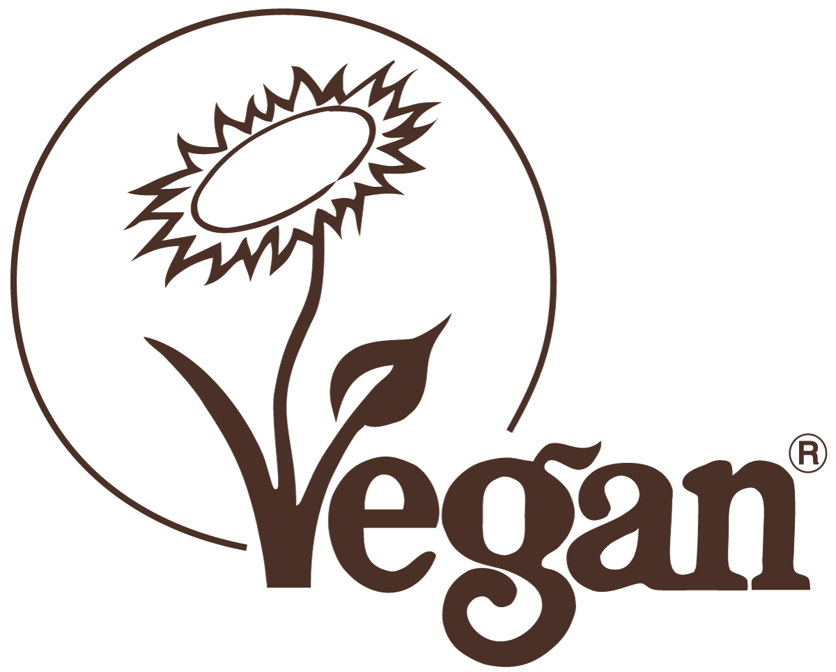Vegan logo featuring a stylized flower with a circular outline and the word 'Vegan' in brown text.