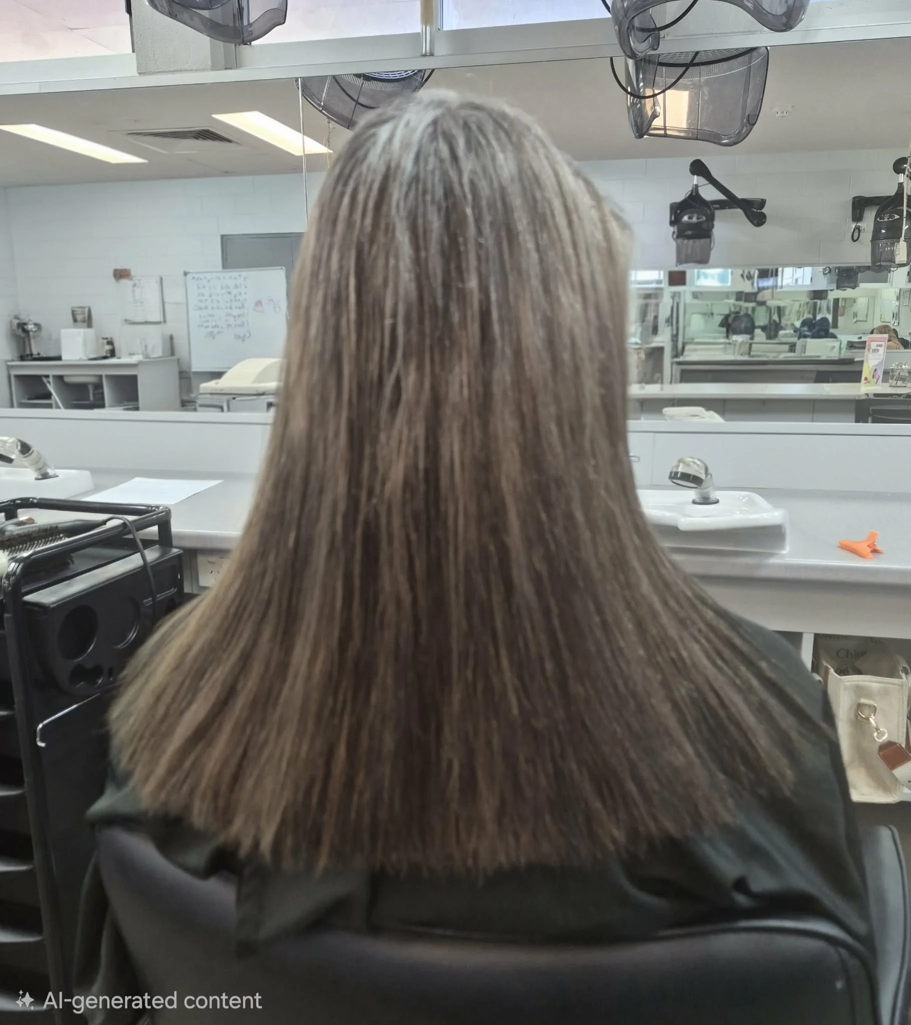 womand with solid form hair cut sitting hairdresser chair