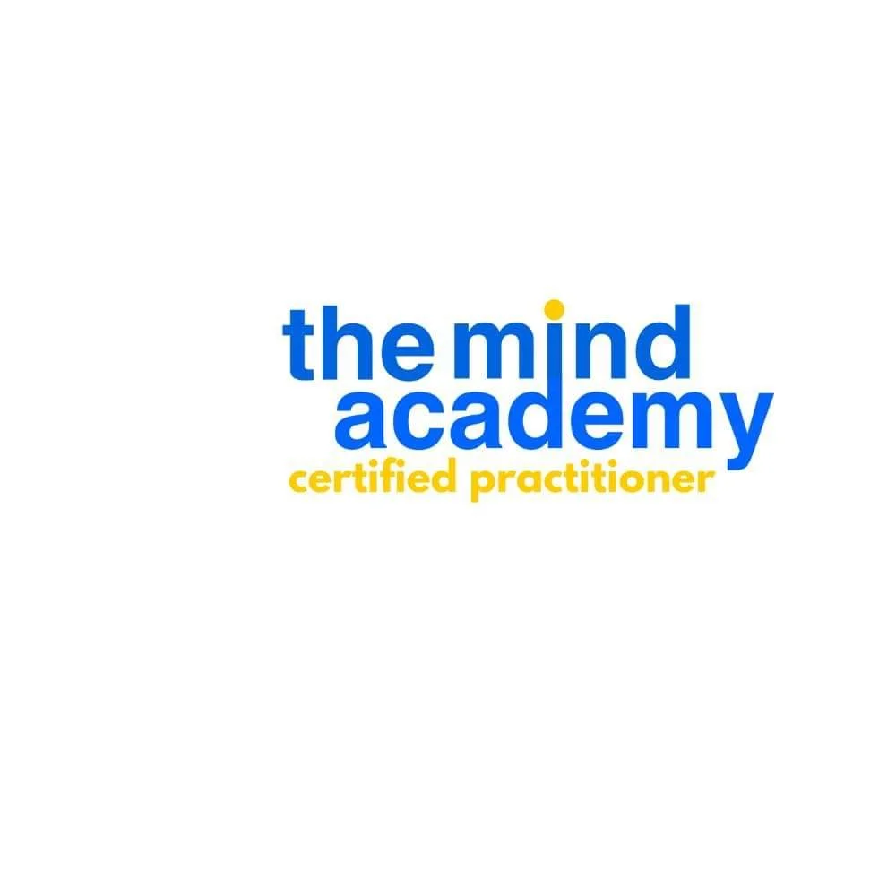 Logo for the Mind Academy featuring blue and yellow text: "the mind academy" with "certified practitioner" written below.