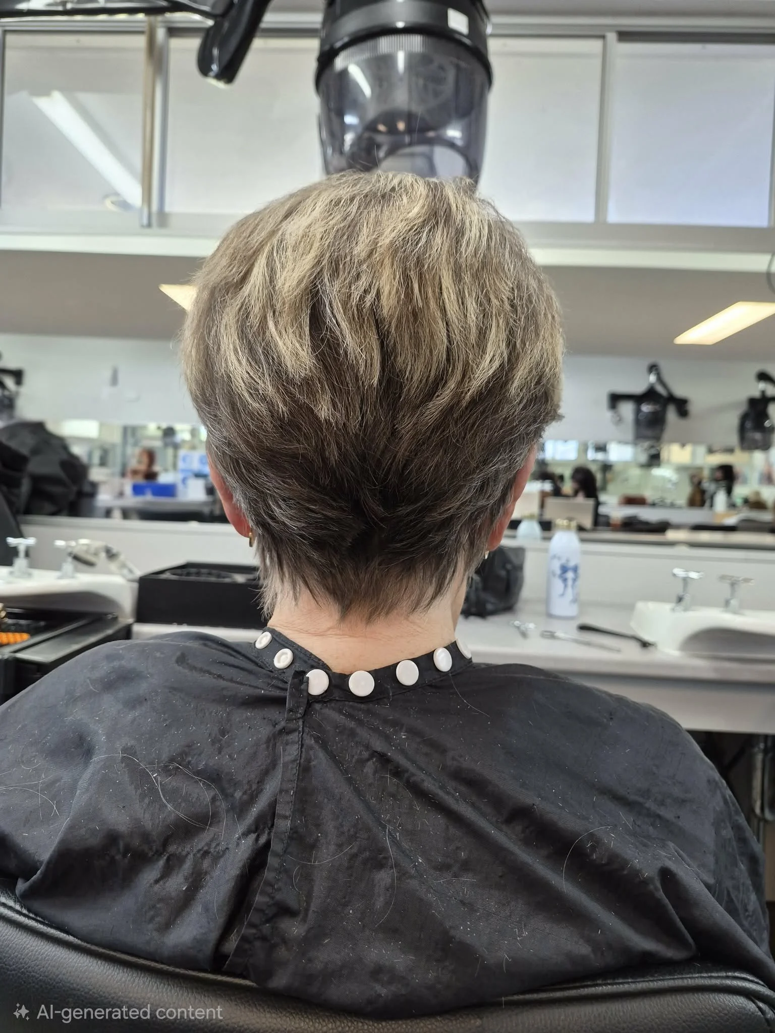 uniform layer hair cut woman sitting in hairdresser chair 