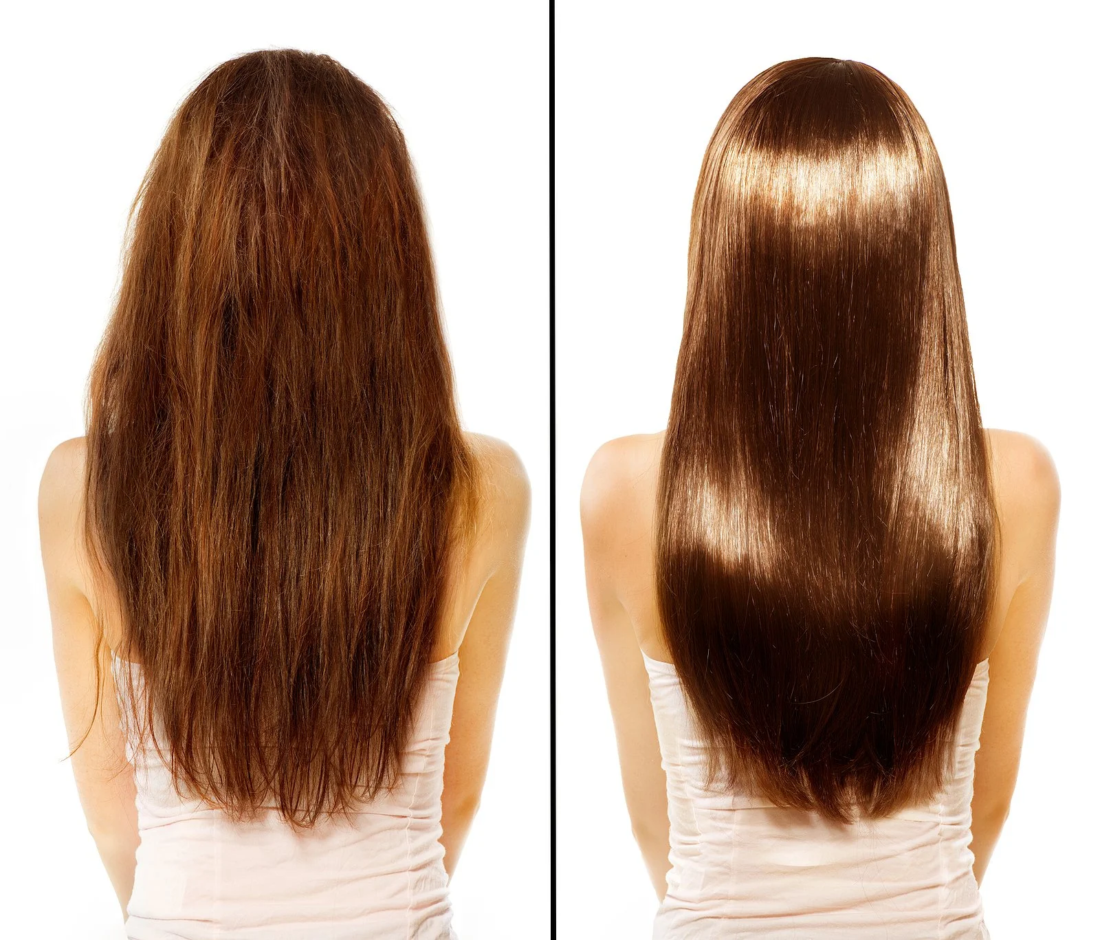 Comparison of a woman’s hair before and after hair treatment, showing frizzy, unkempt hair on the left and smooth, shiny hair on the right.
