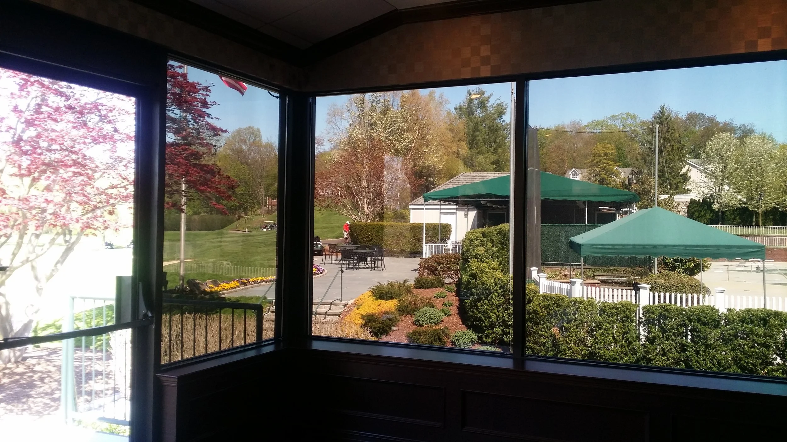 View of a garden with trees, flowers, and green umbrellas taken from inside a building through large windows.