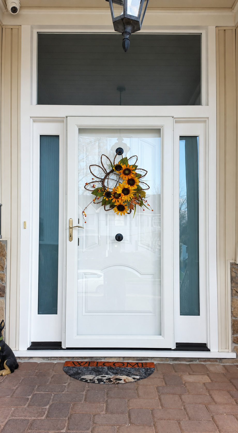 Front porch with a white door decorated with a sunflower wreath, flanked by glass side panels. A welcome mat with skull design and the word "Welcome" is in front of the door. A lantern hangs above.