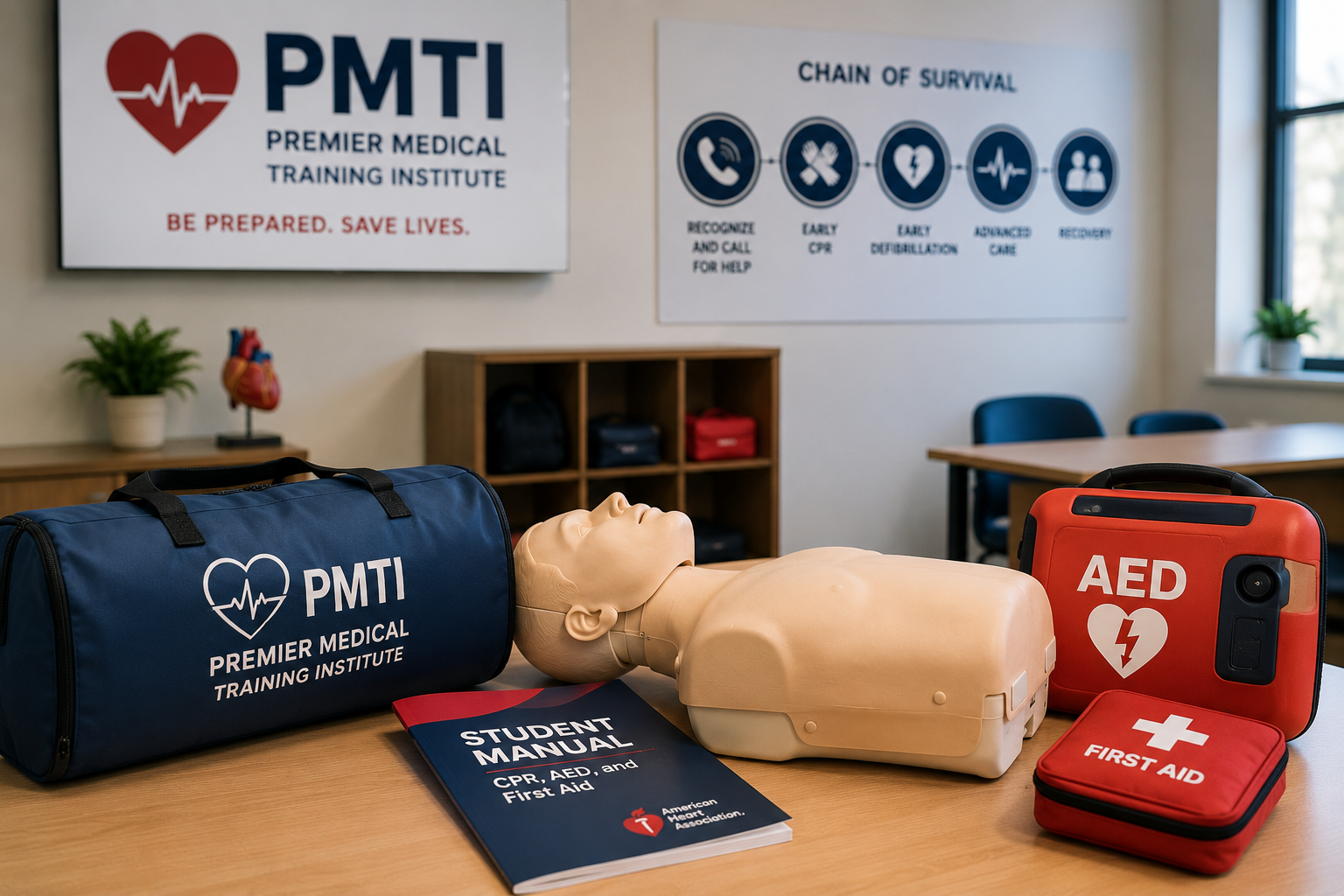 Medical training mannequin and first aid equipment including AED, first aid kit, and CPR dummies on a table in a classroom at Premier Medical Training Institute.