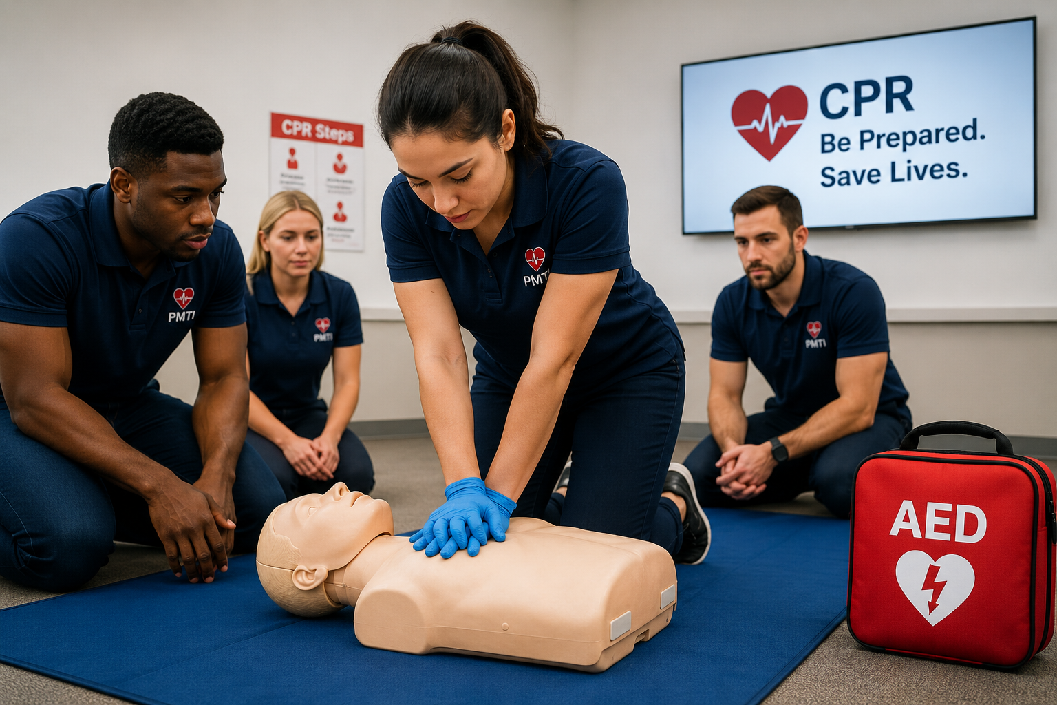 A group of four people attending a CPR training session, practicing hands-only CPR on a mannequin. One woman is performing chest compressions while the others observe. CPR instructions and an AED device are visible, indicating a focus on emergency life-saving skills.