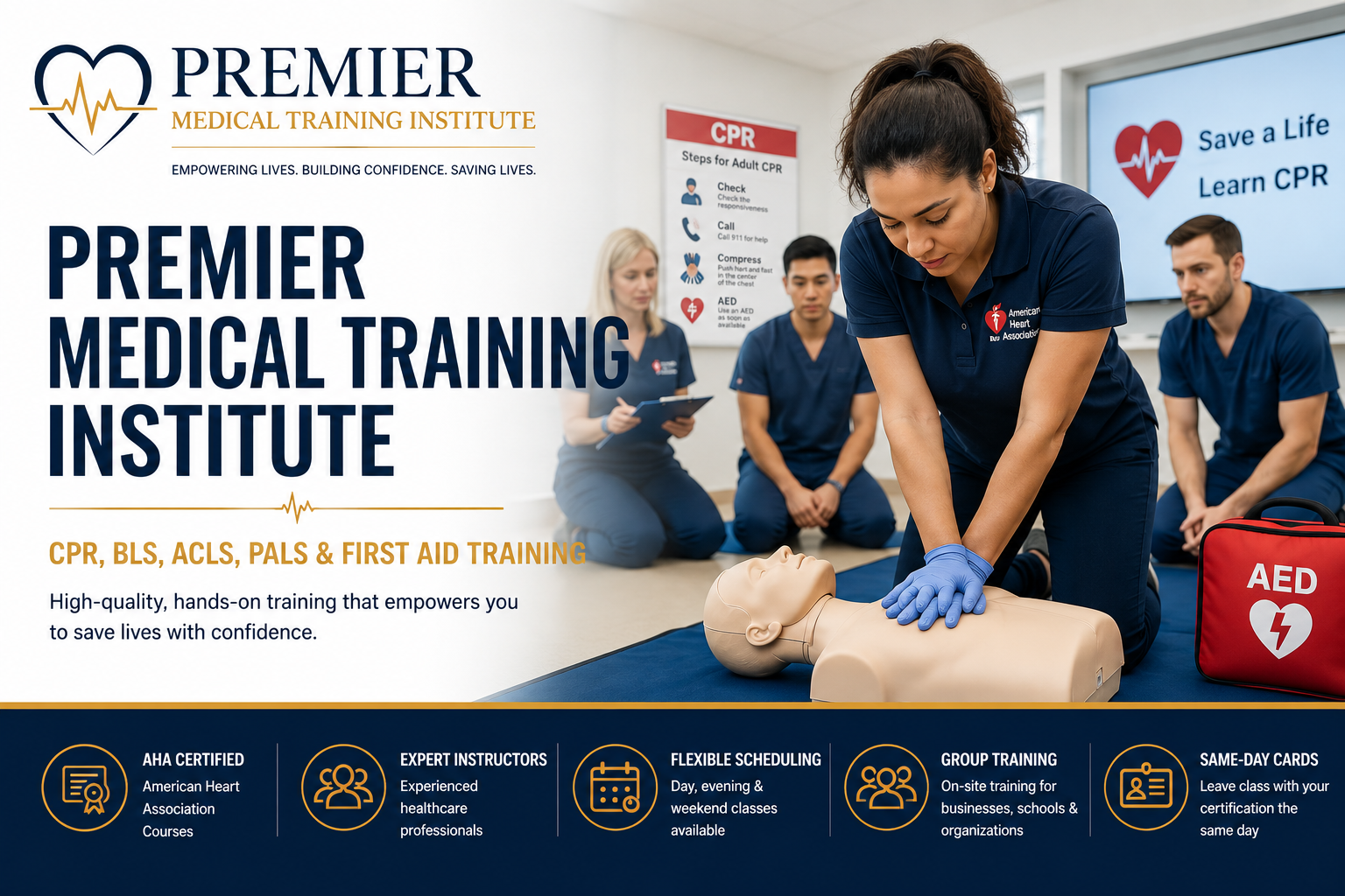 A group of healthcare professionals in a CPR training class practicing on a CPR dummy, with various training posters and AED equipment in the background at Premier Medical Training Institute.