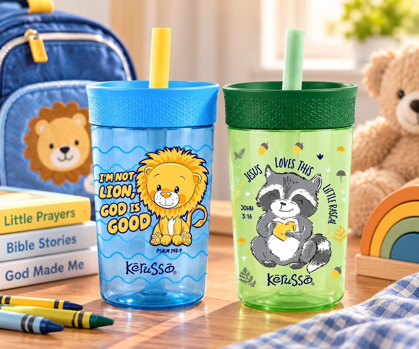 Cheerful Lion and Raccoon Kids’ Cups.png