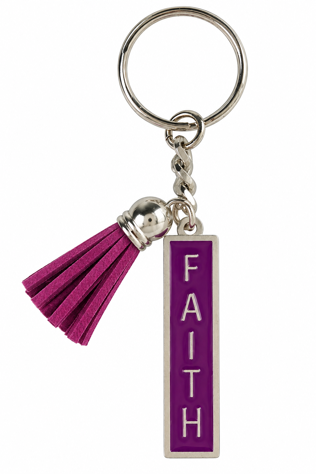 Silver Faith Keychain with Purple Tassel.png