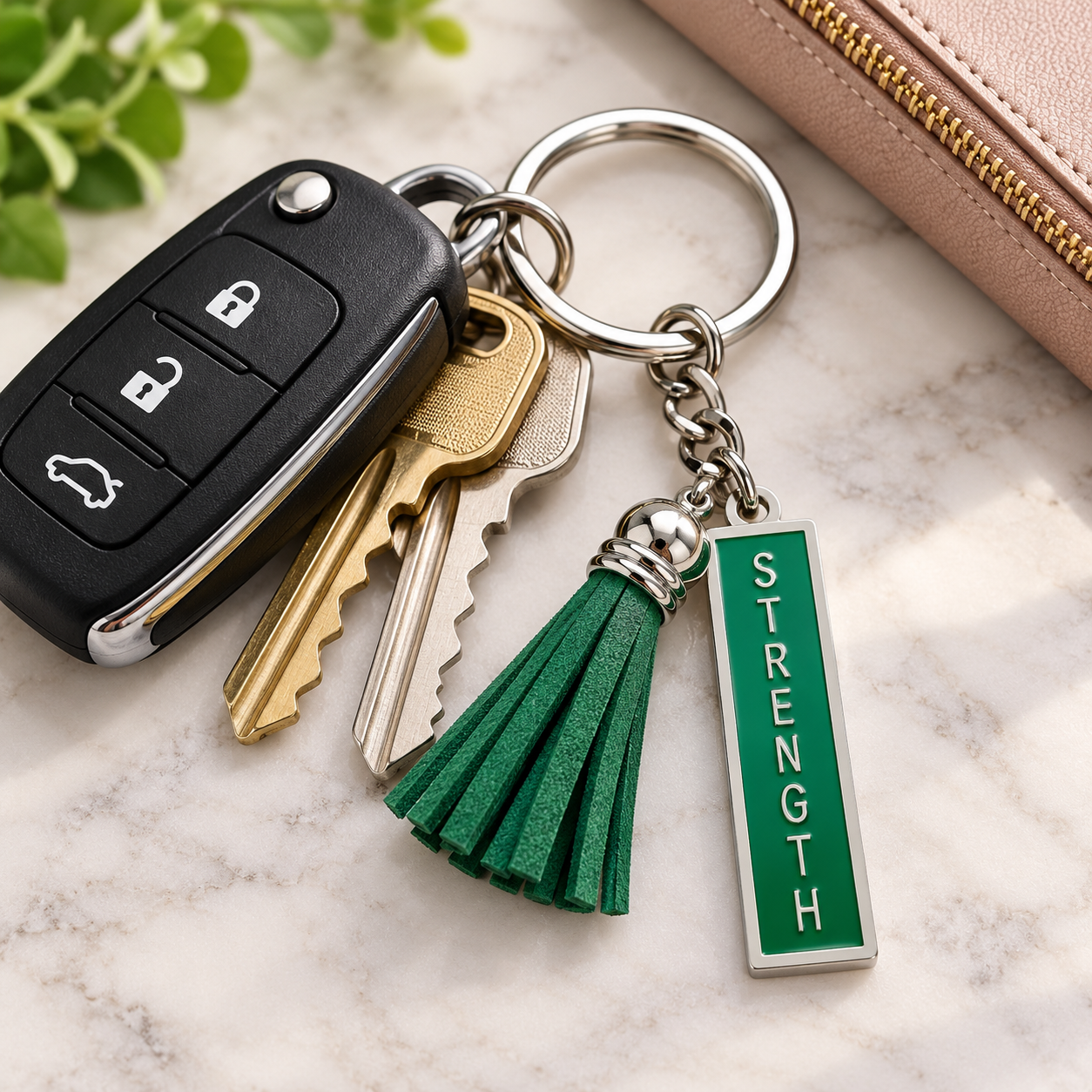 Strength Tassel Keychain on Marble.png